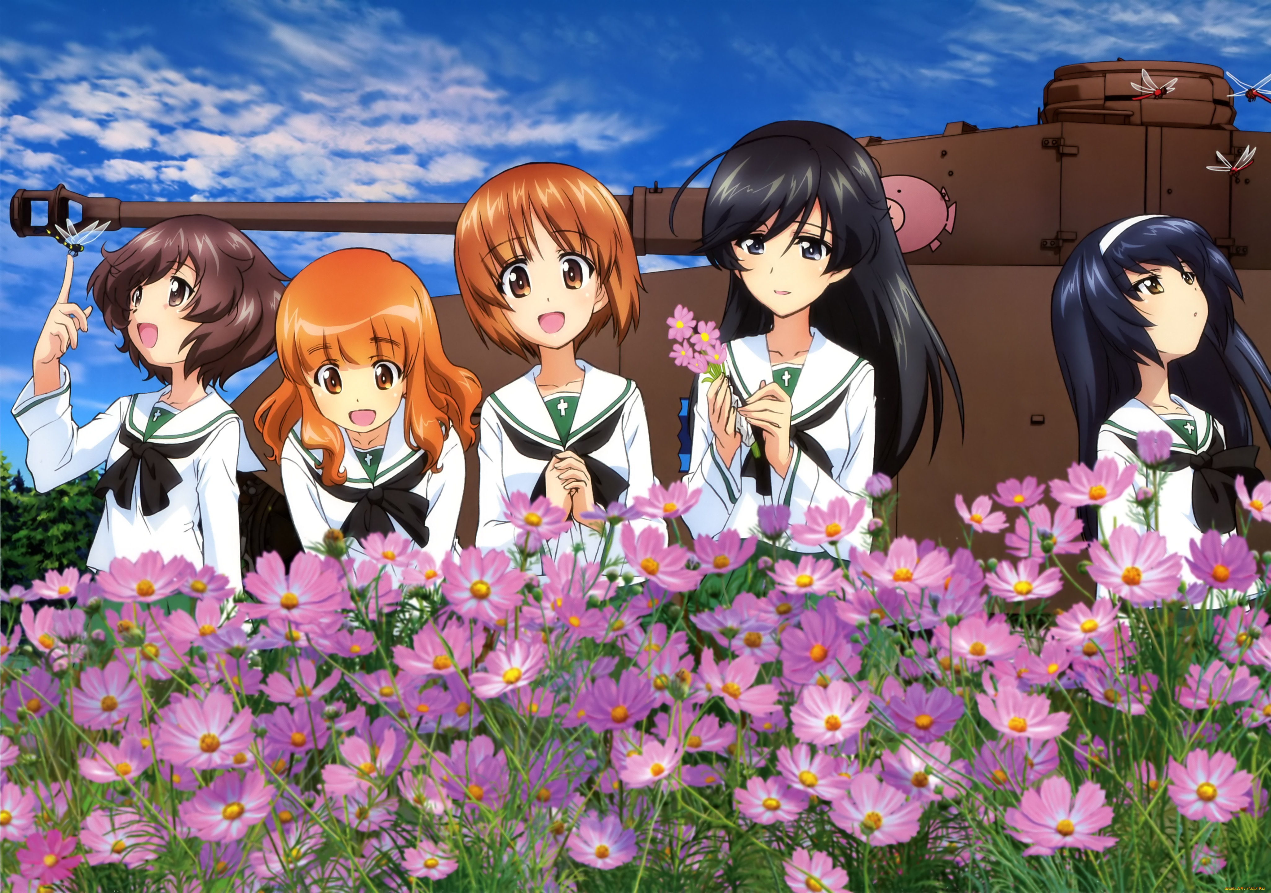 аниме, girls, und, panzer, девушки, взгляд, фон