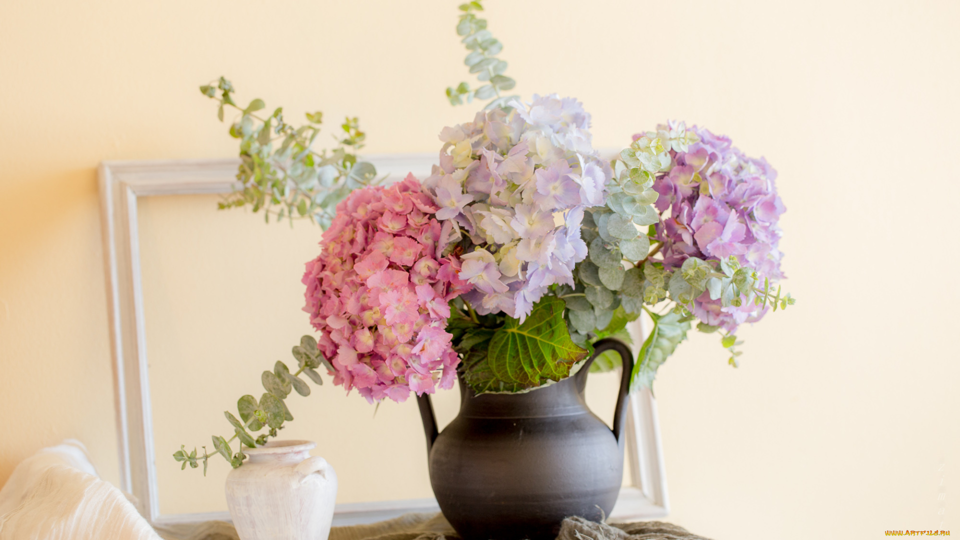 цветы, гортензия, ваза, букет, фон