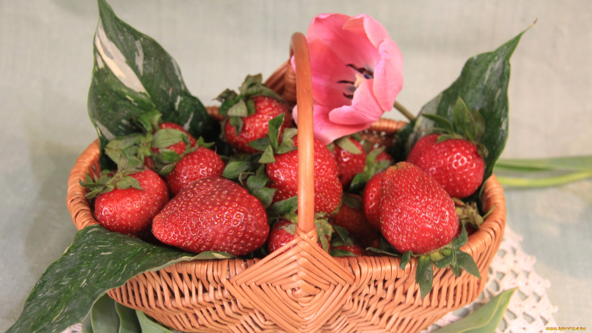 еда, клубника, , земляника, корзина, натюрморт, цветок, тюльпан