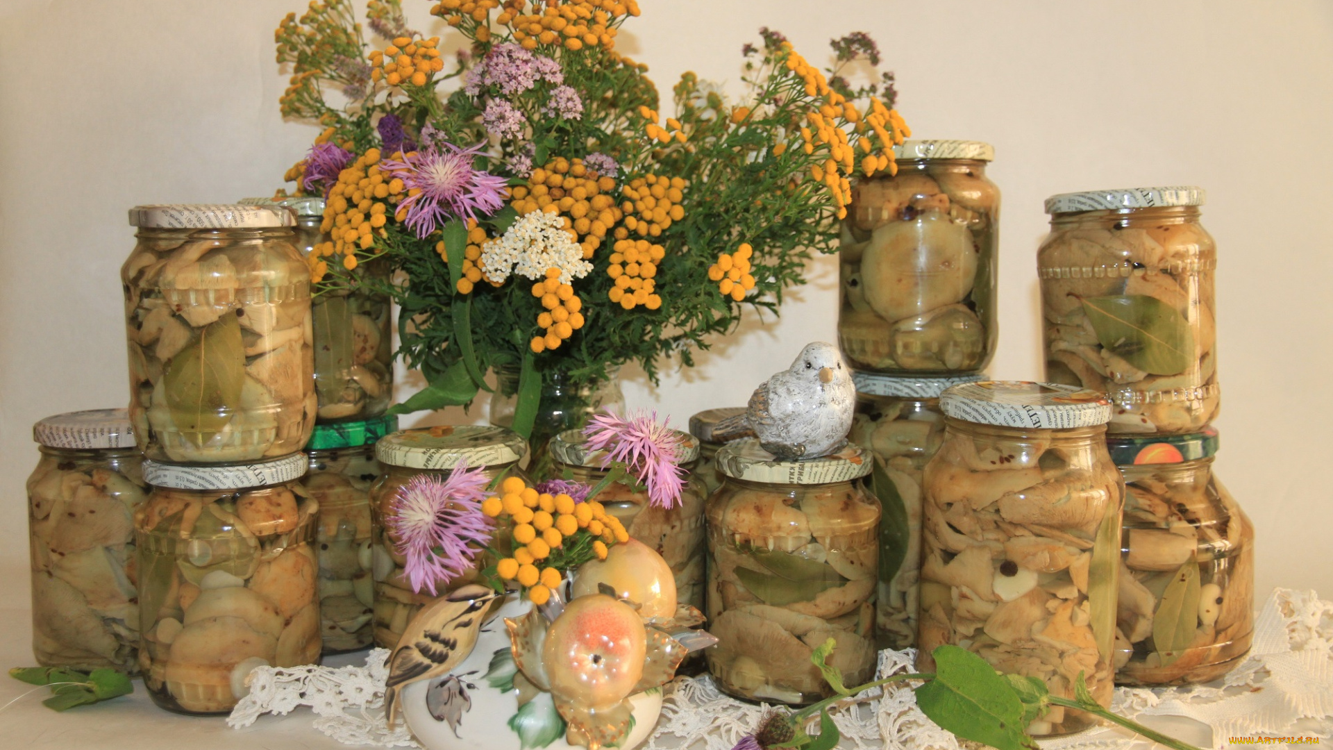 еда, консервация, грибы, цветы, букет, маринад, заготовки, грузди