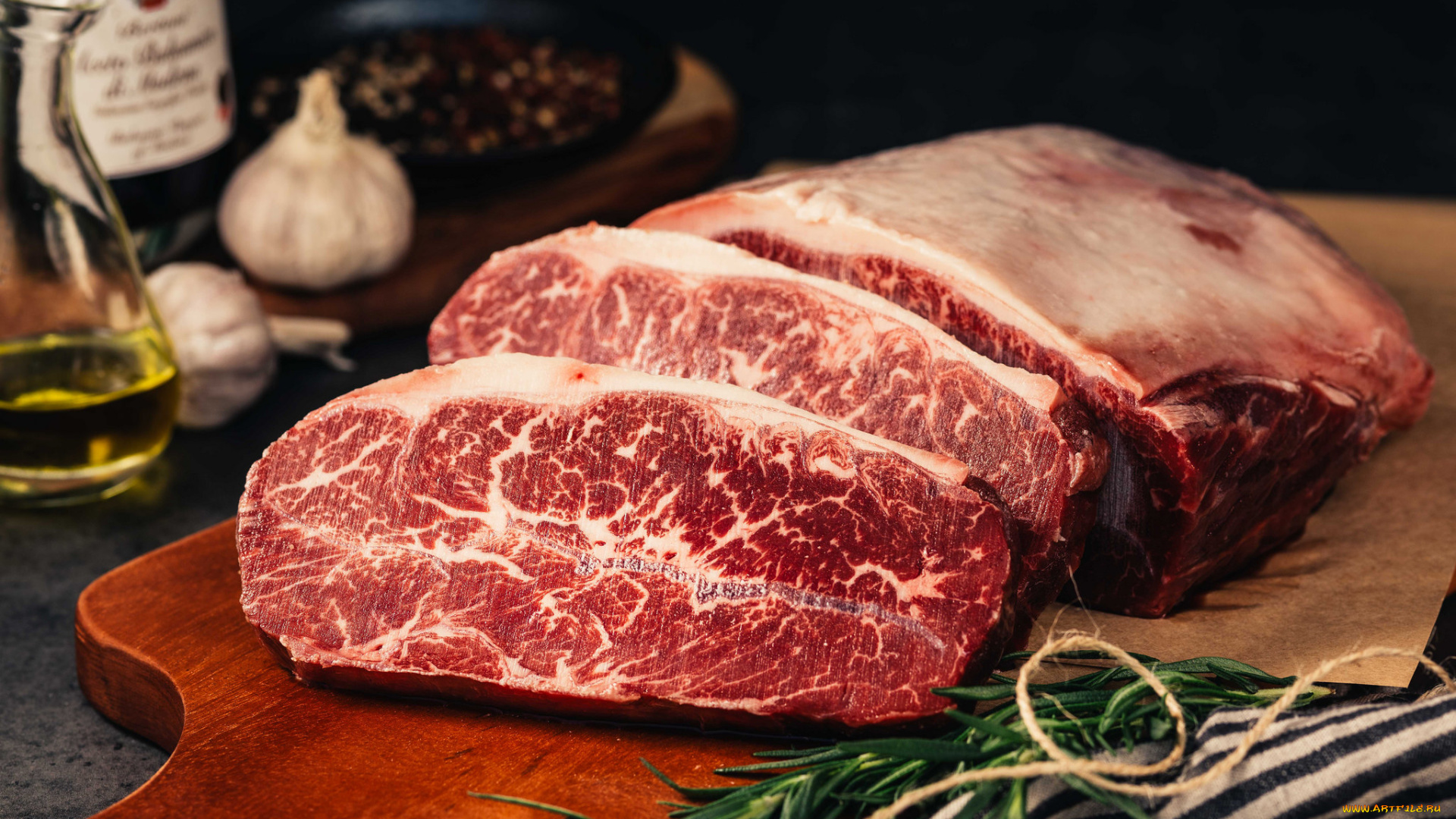 еда, мясные, блюда, бекон, чеснок, розмарин, сырое, мясо, кусок