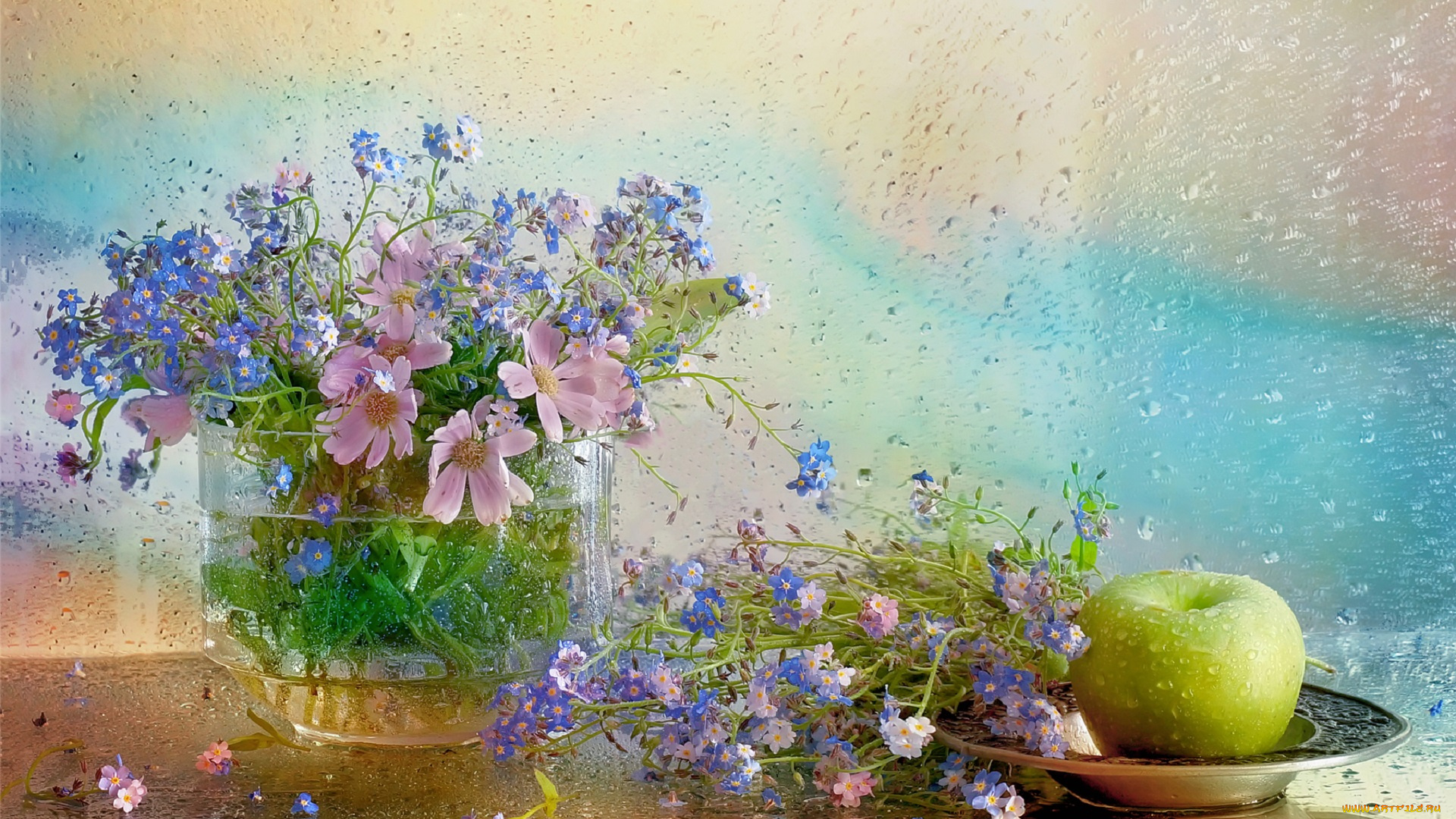 еда, натюрморт, яблоко, ваза, букет, цветы