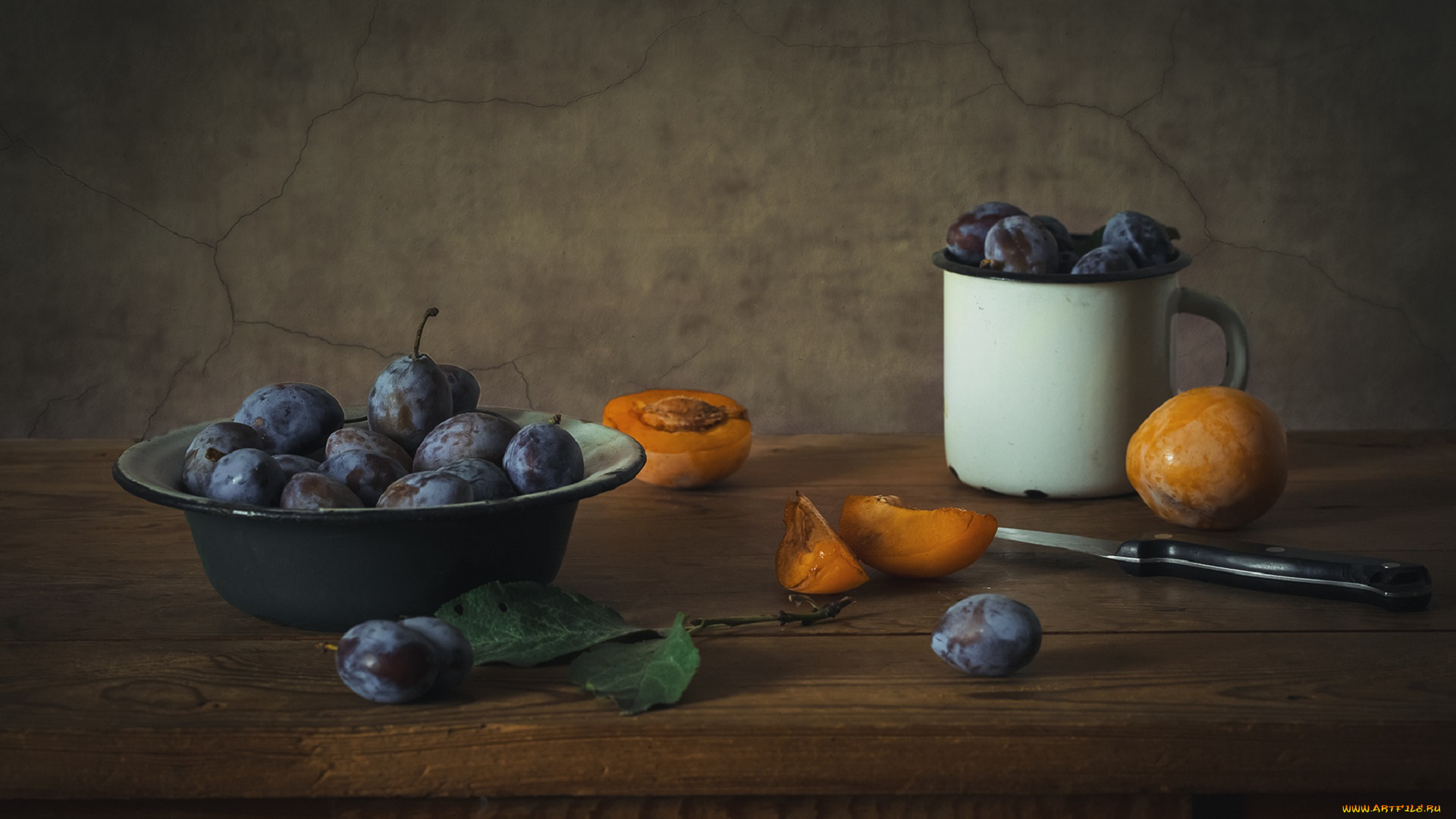 еда, персики, , сливы, , абрикосы, слива, чашка, миска, нож, листья, натюрморт