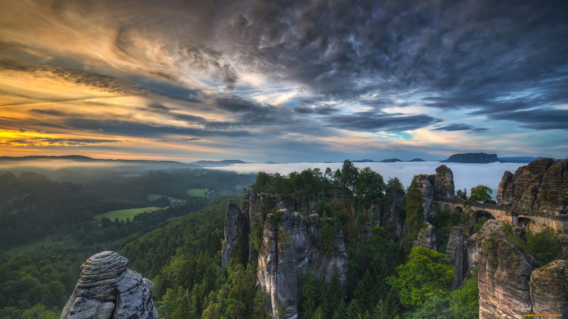 природа, горы, лес, мост, облака