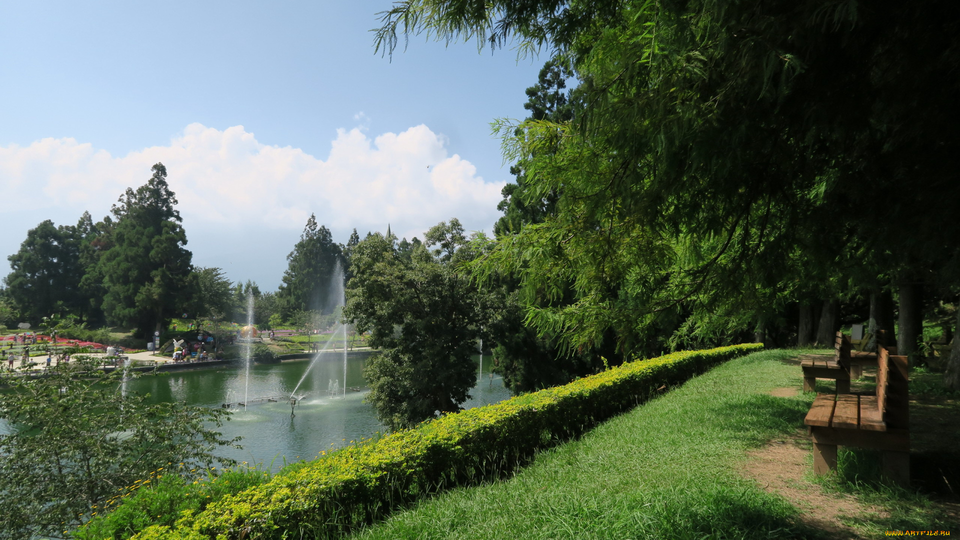 природа, парк, скамейки, фонтаны, водоем