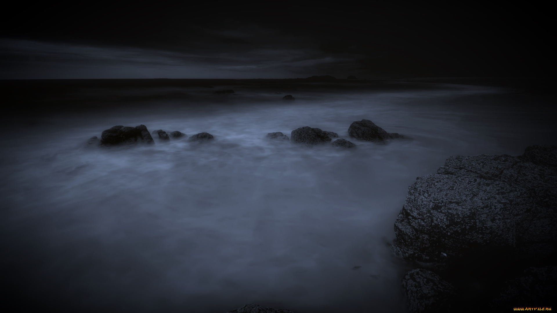 природа, побережье, камни, море, ночь