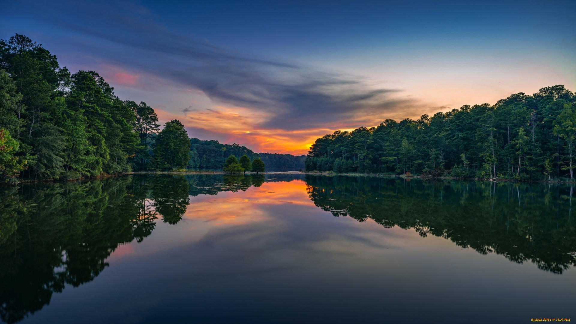 природа, реки, озера, озеро, лес, отражение, закат