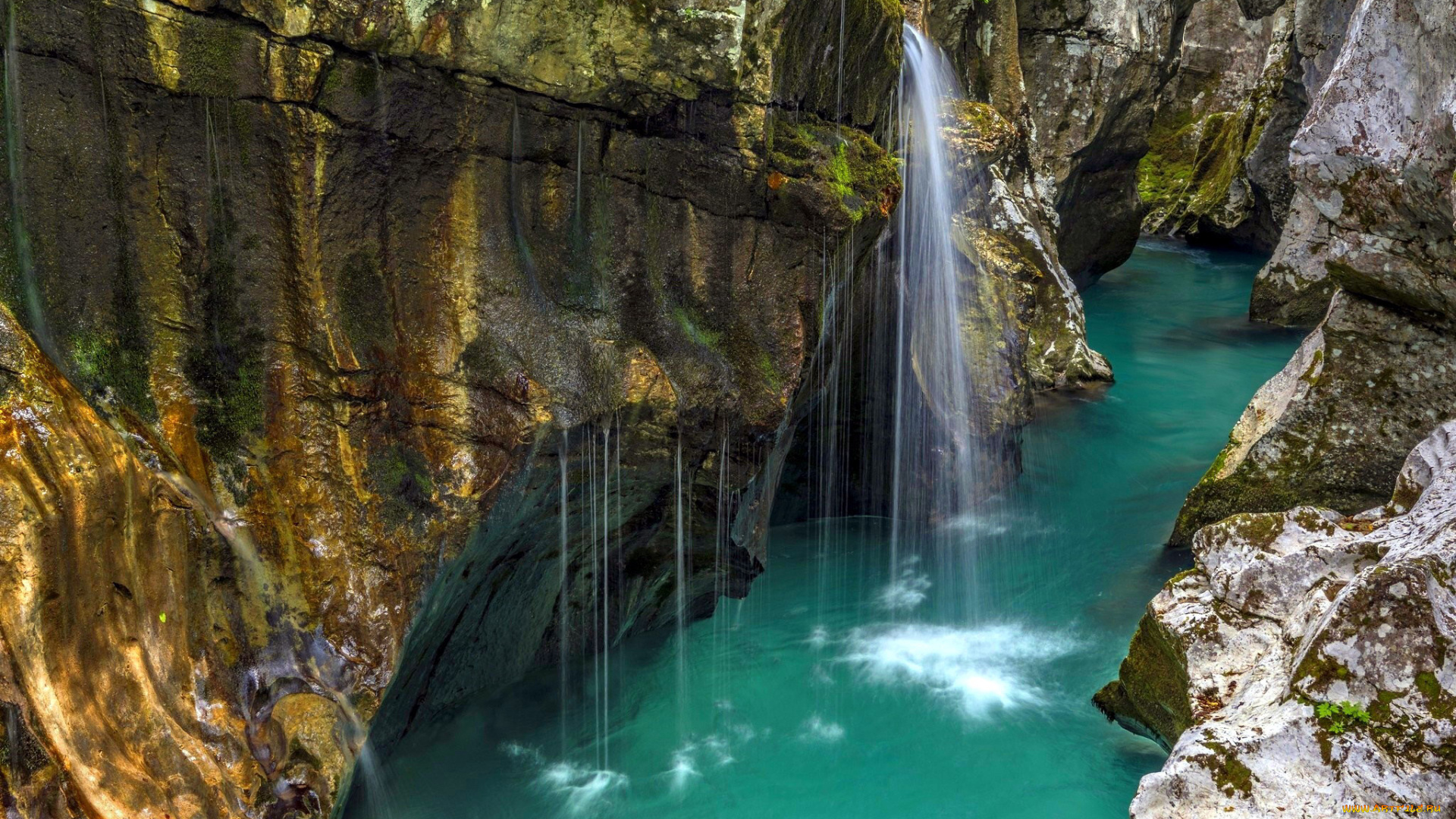 природа, водопады, река, скалы, ущелье