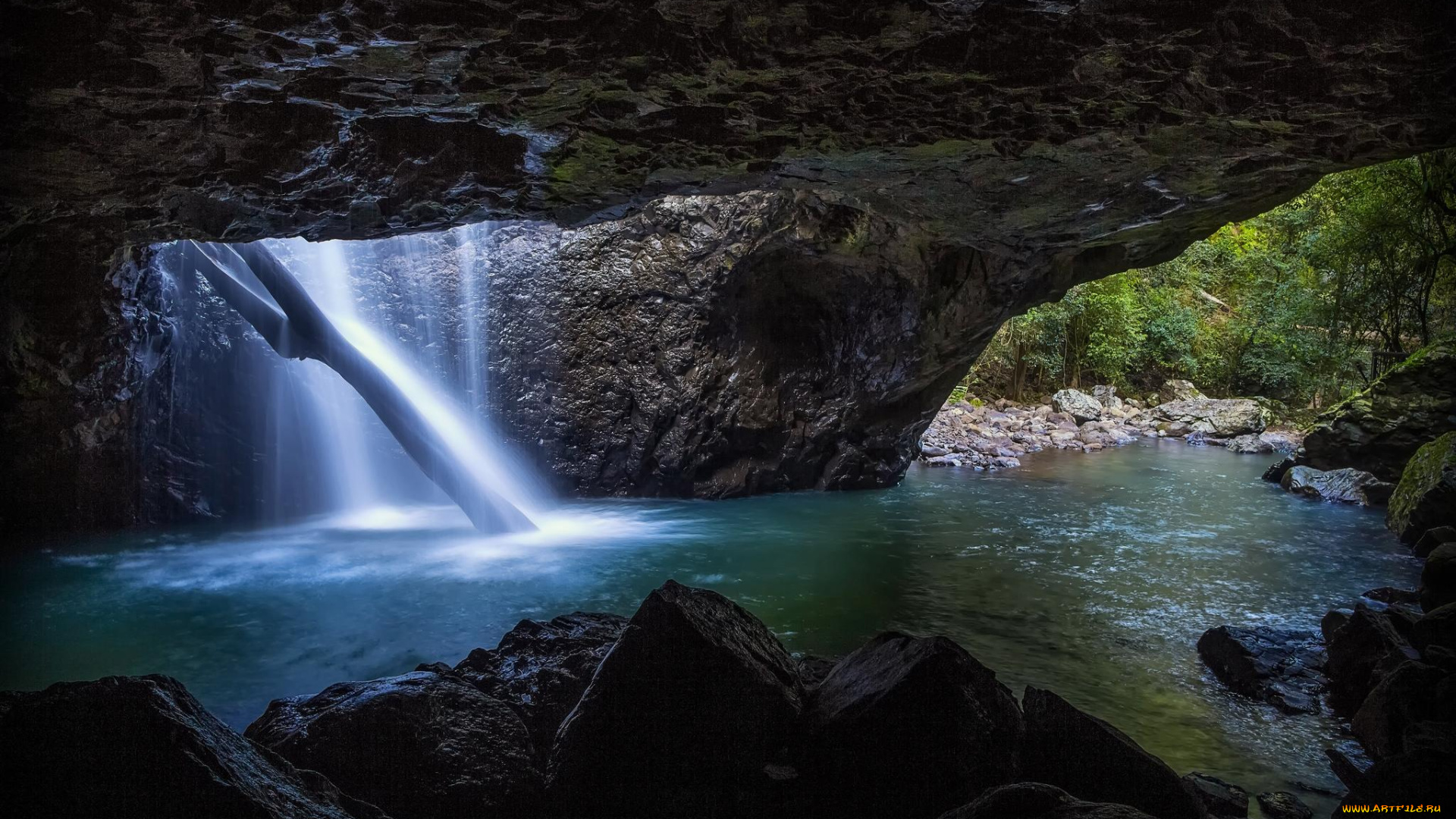 природа, водопады, скалы, водопад, пещера, пейзаж, картинки, река