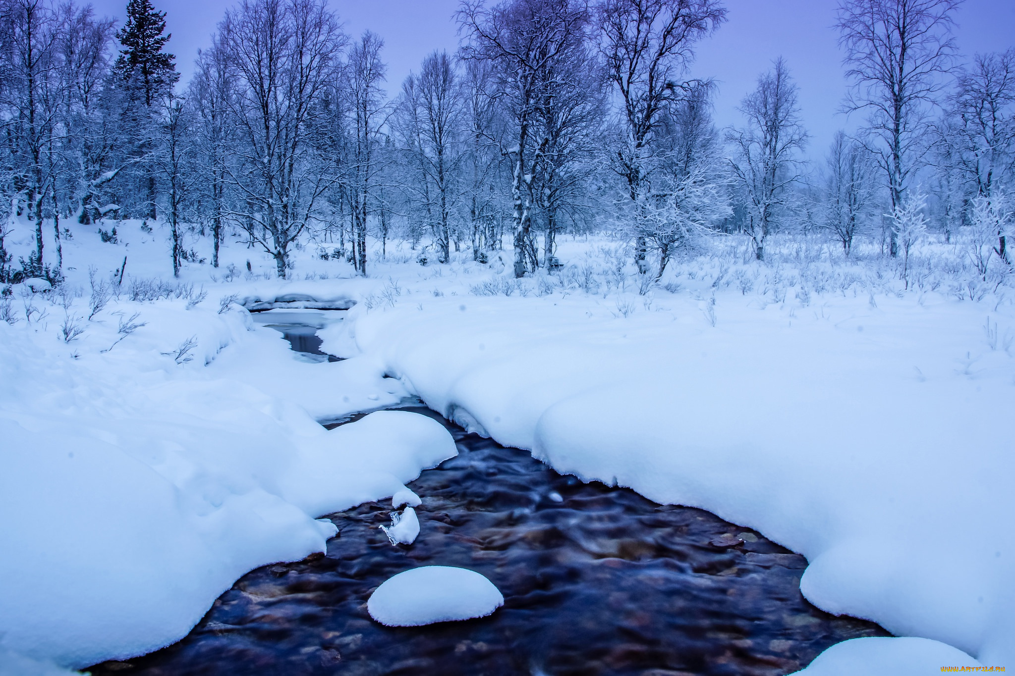 природа, зима, речка, сугробы, деревья, снег