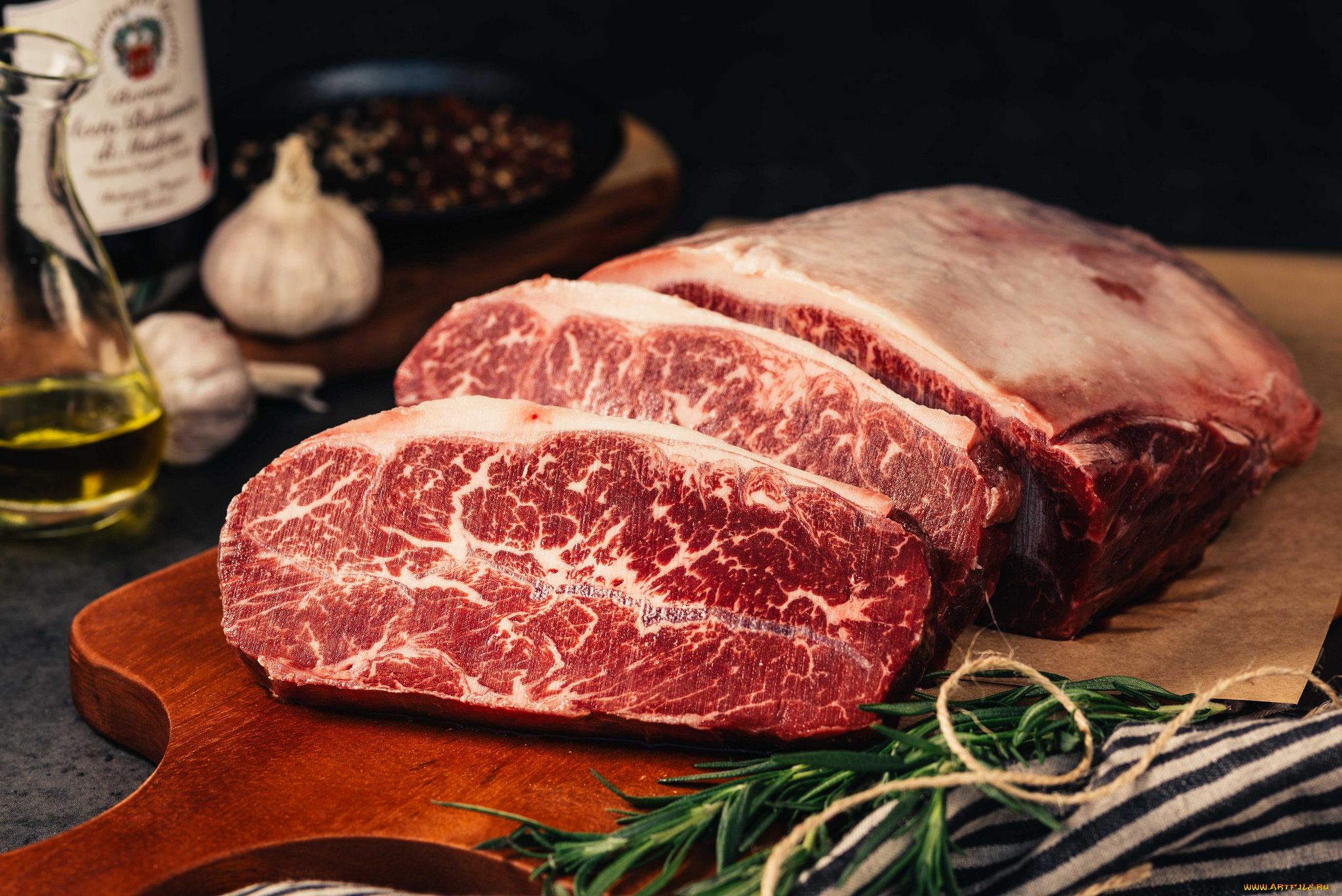 еда, мясные, блюда, бекон, чеснок, розмарин, сырое, мясо, кусок