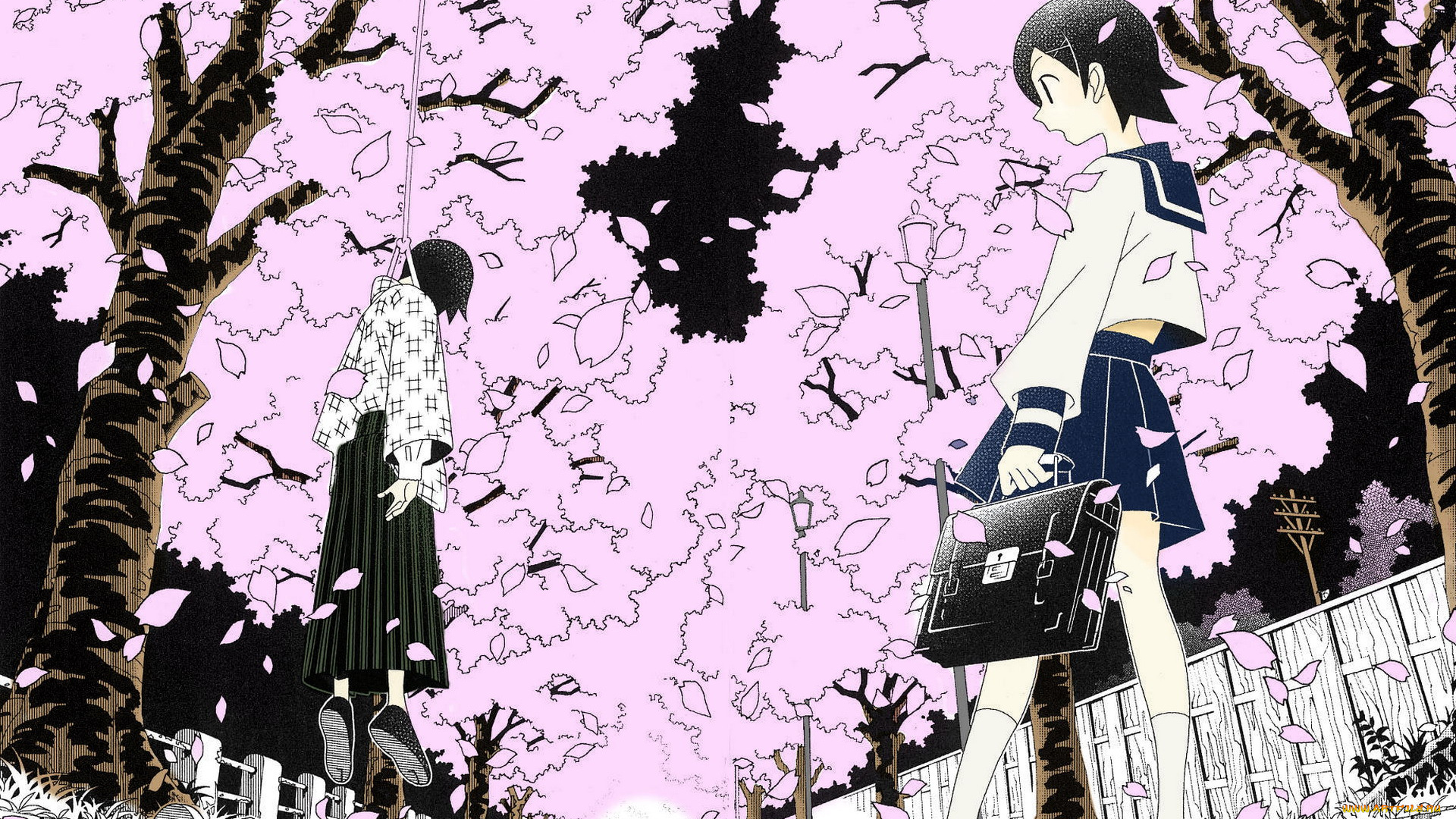 аниме, sayonara, zetsubo, sensei, сакура, аллея, школьница, петля, учитель