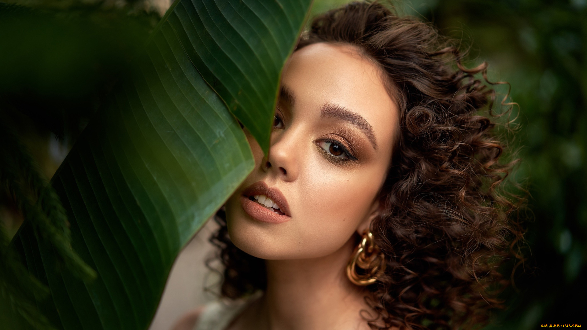 девушки, -, лица, , портреты, локоны, серьги, зеленый, лист