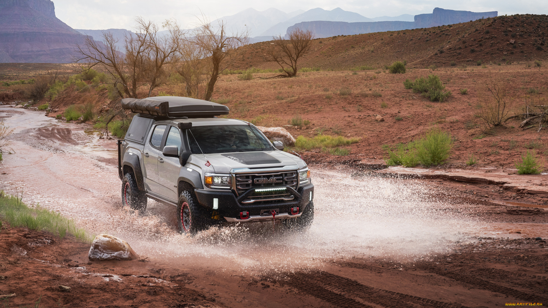 автомобили, gm-gmc, 2021, gmc, canyon, at4, overland, off, road, concept, 4k, вид, спереди, экстерьер, джип, природа, лужа, водная, преграда
