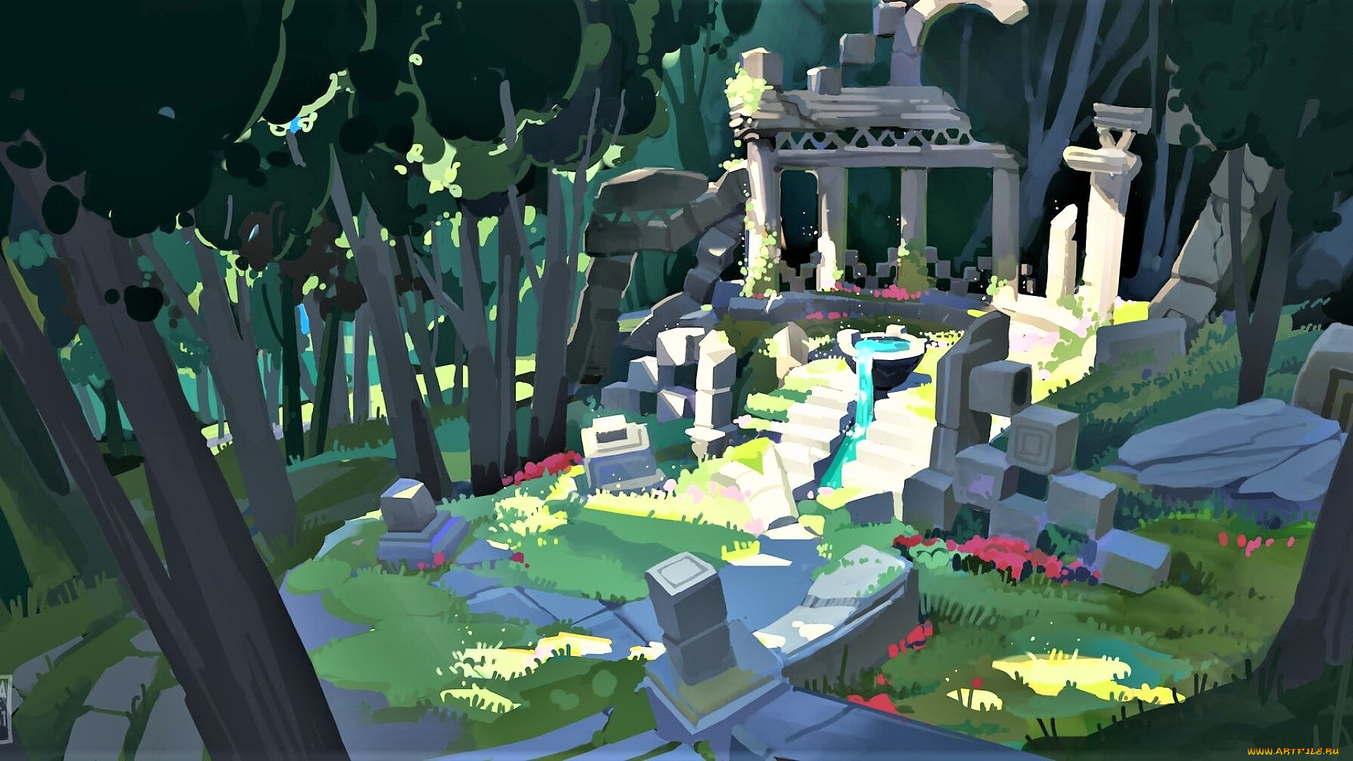 рисованное, города, развалины, лес