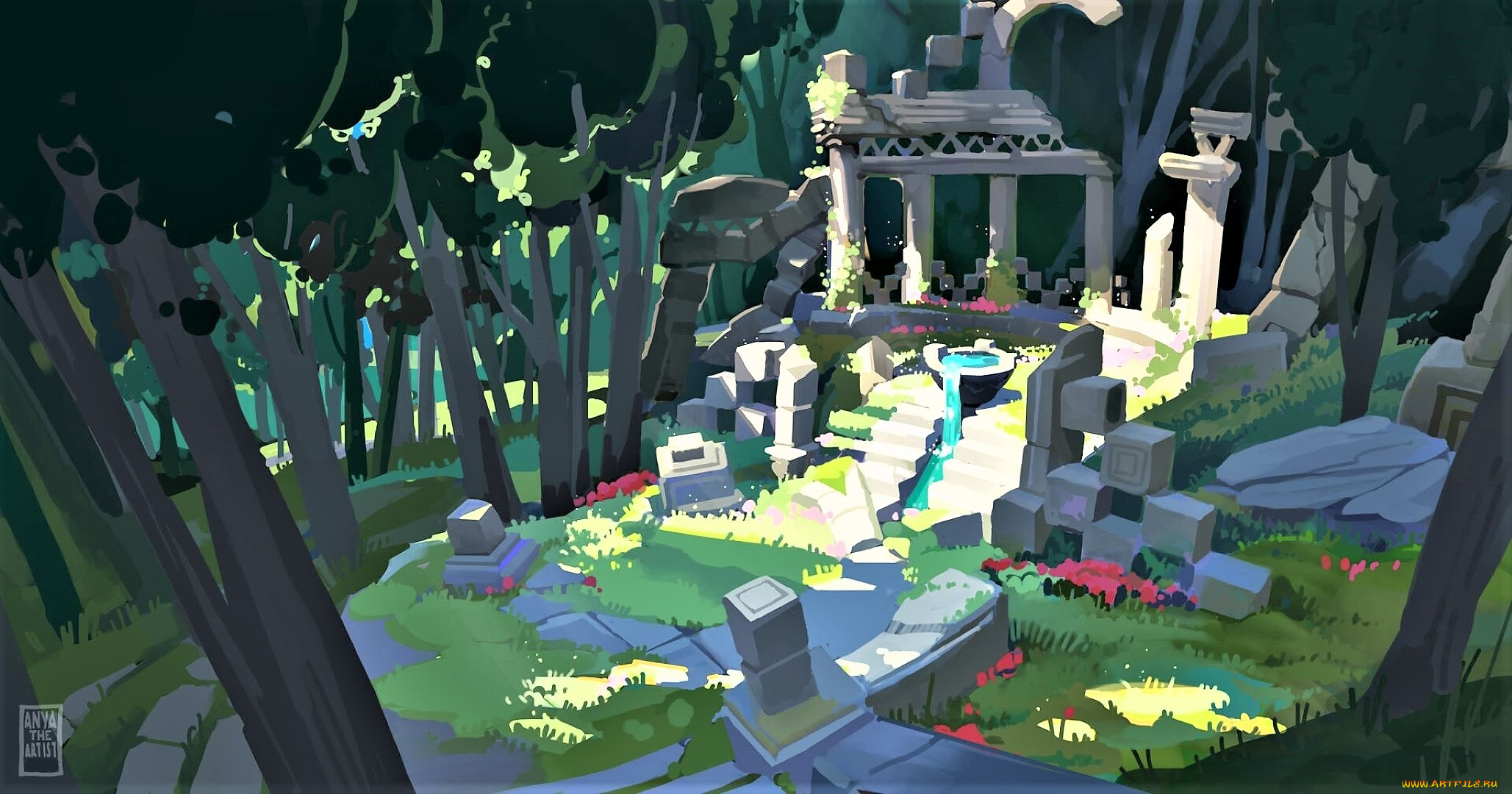 рисованное, города, развалины, лес