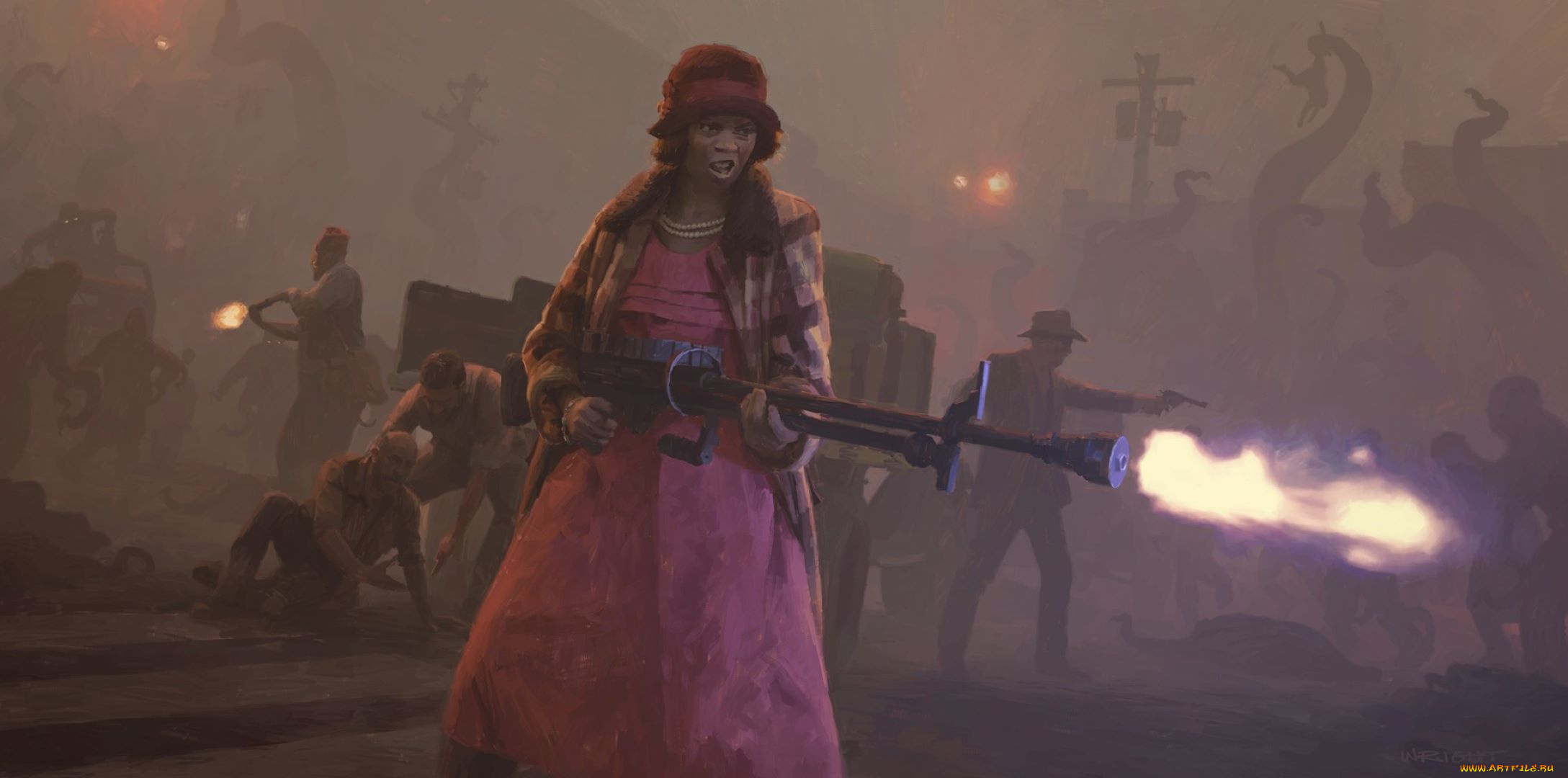 фэнтези, люди, оружие, монстры, туман, нападение