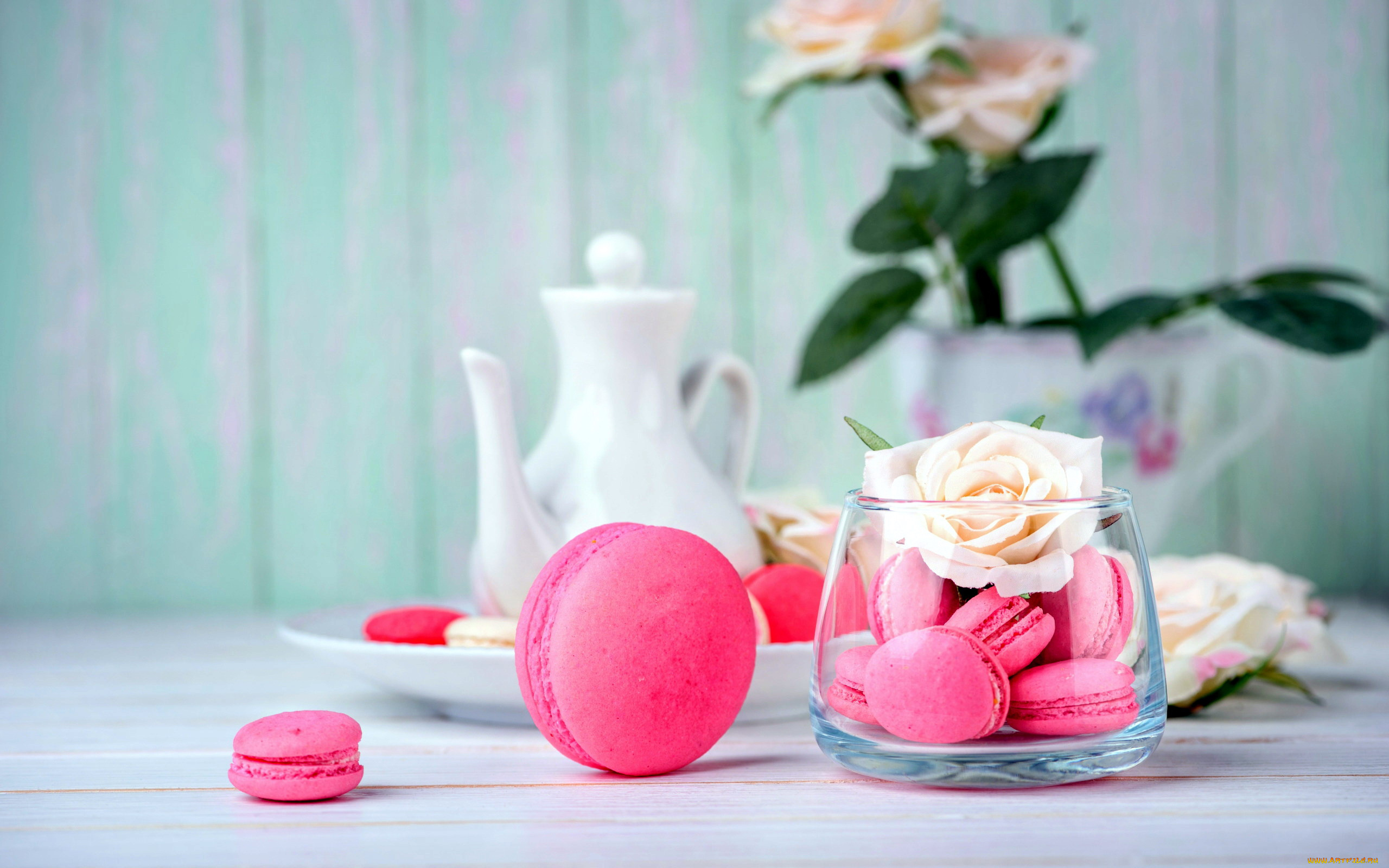 еда, макаруны, лакомство, печенье, розы