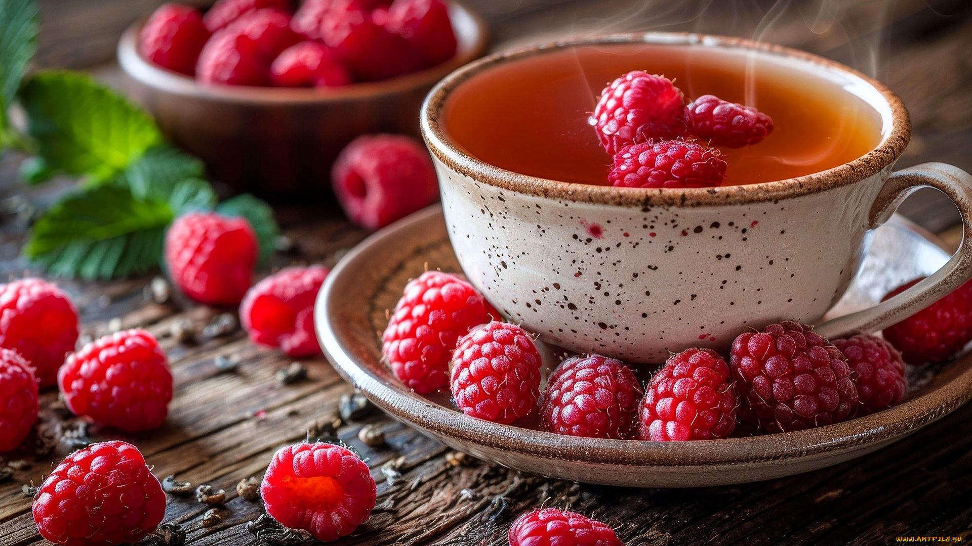 3д, графика, еда-, food, малина, ягоды, блюдца, чашка, листья, чай