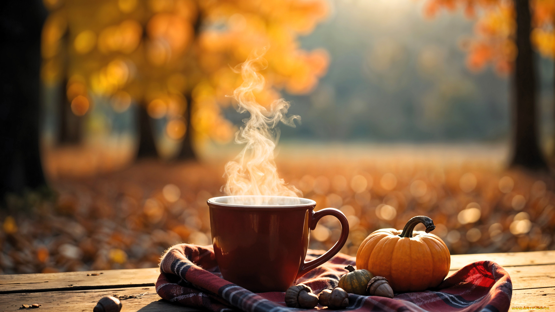 3д, графика, природа, , nature, осерь, листья, деревья, скамейка, тыквы, чашка, шарф