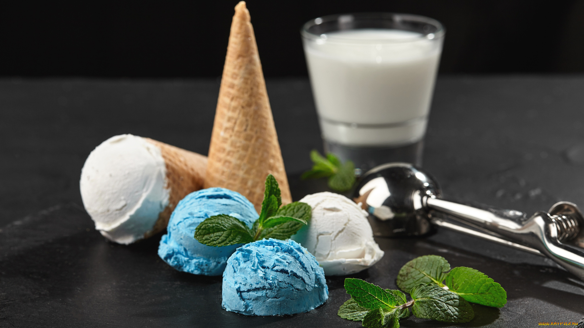 еда, мороженое, , десерты, мята, вафельный, рожок, молоко