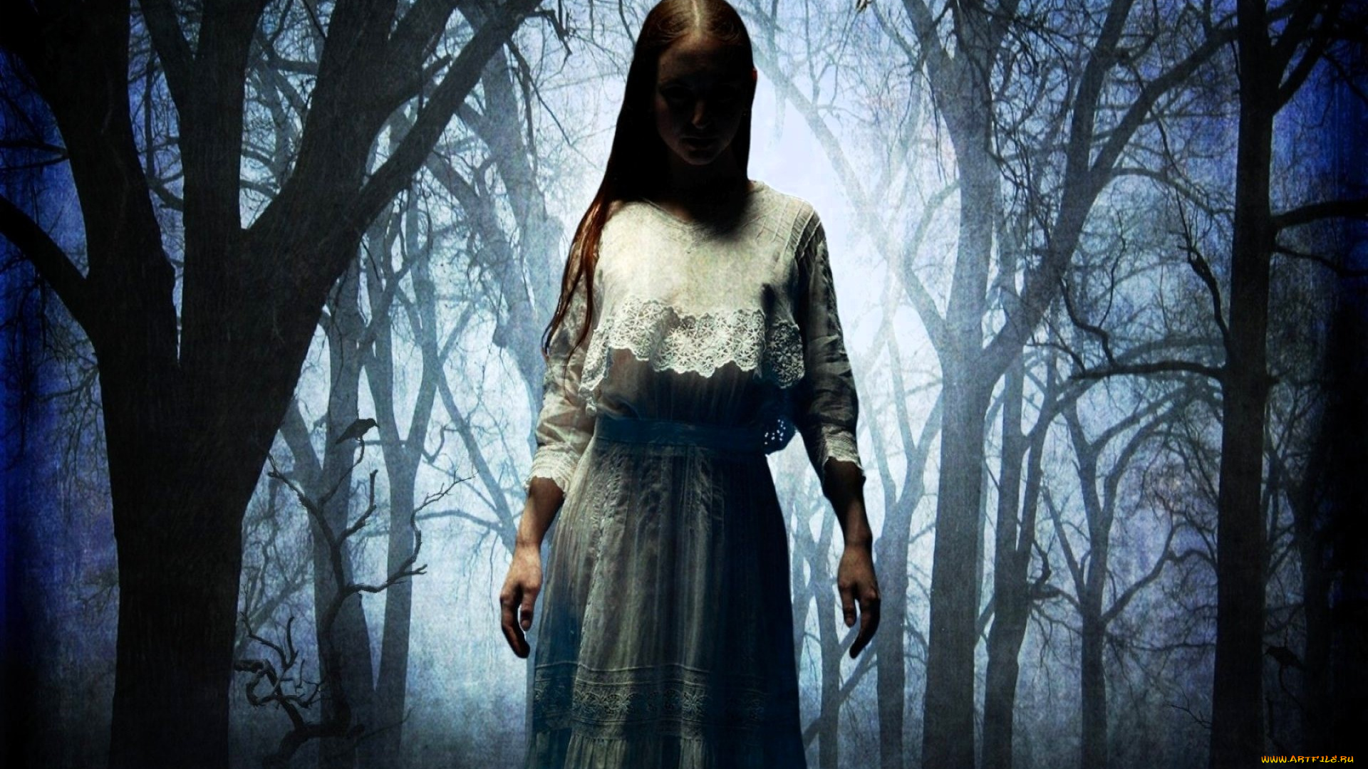 фэнтези, фотоарт, девушка, платье, лес, туман