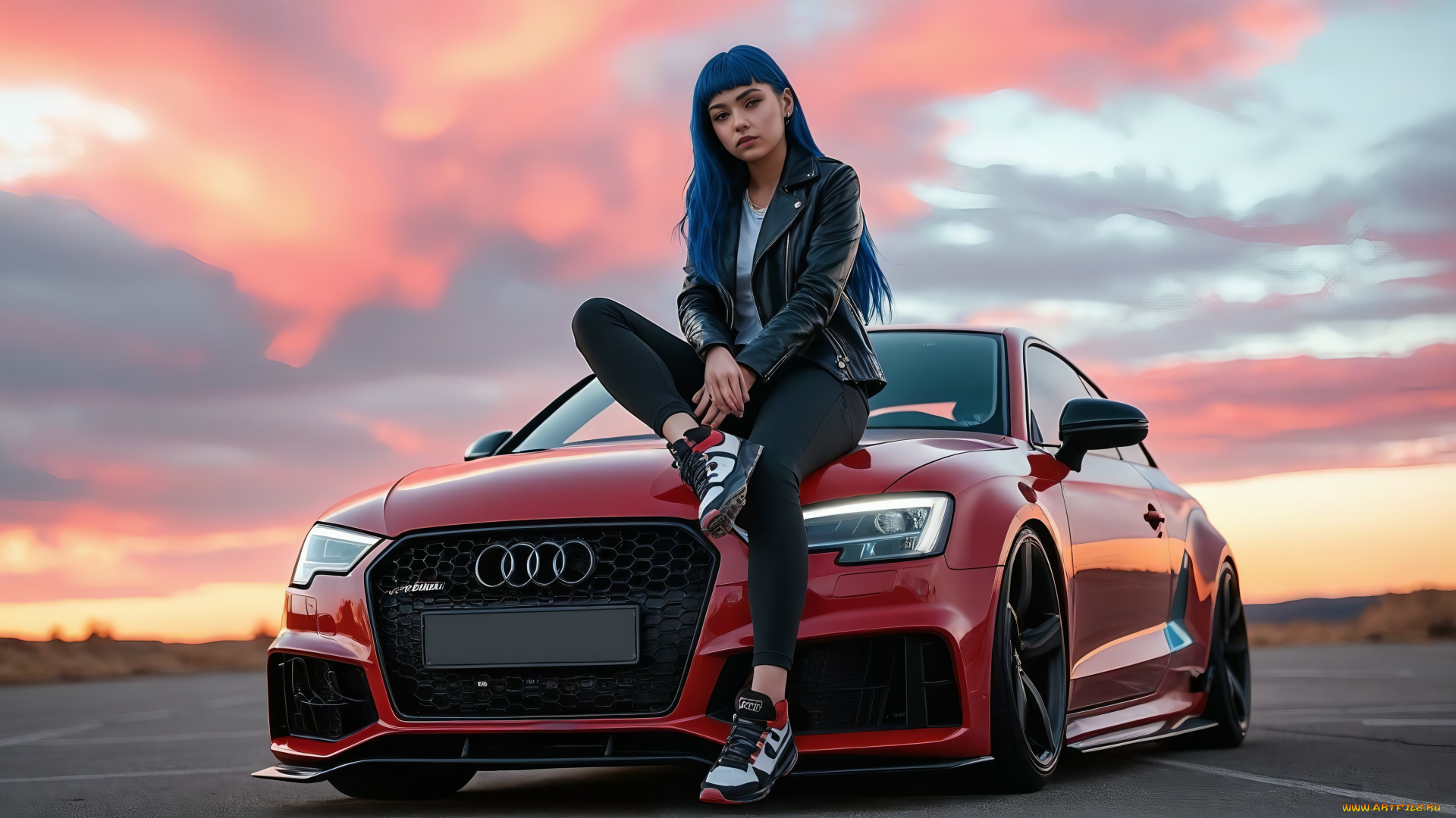red, audi, and, girl, разное, компьютерный, дизайн, audi, girl, ai, art, generated, clouds, road