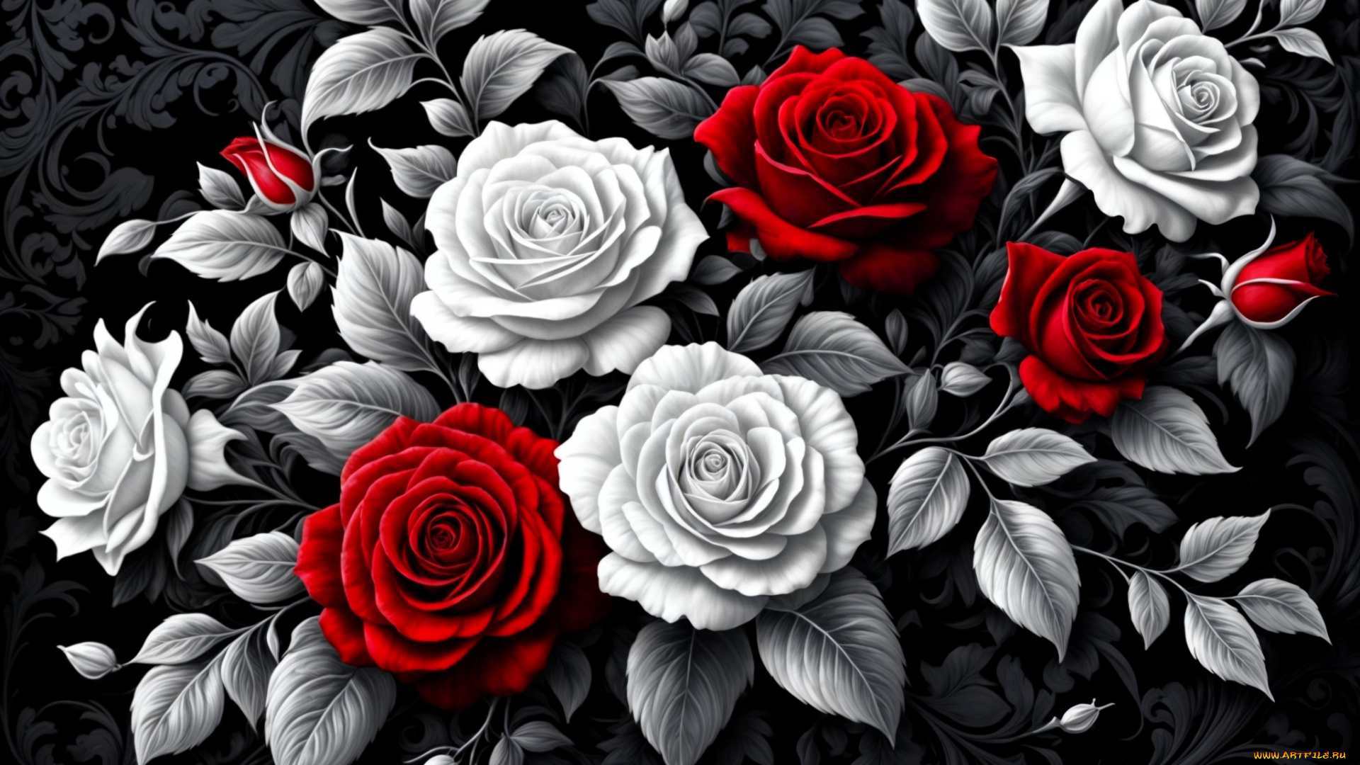 рисованное, цветы, розы, бутоны, листья