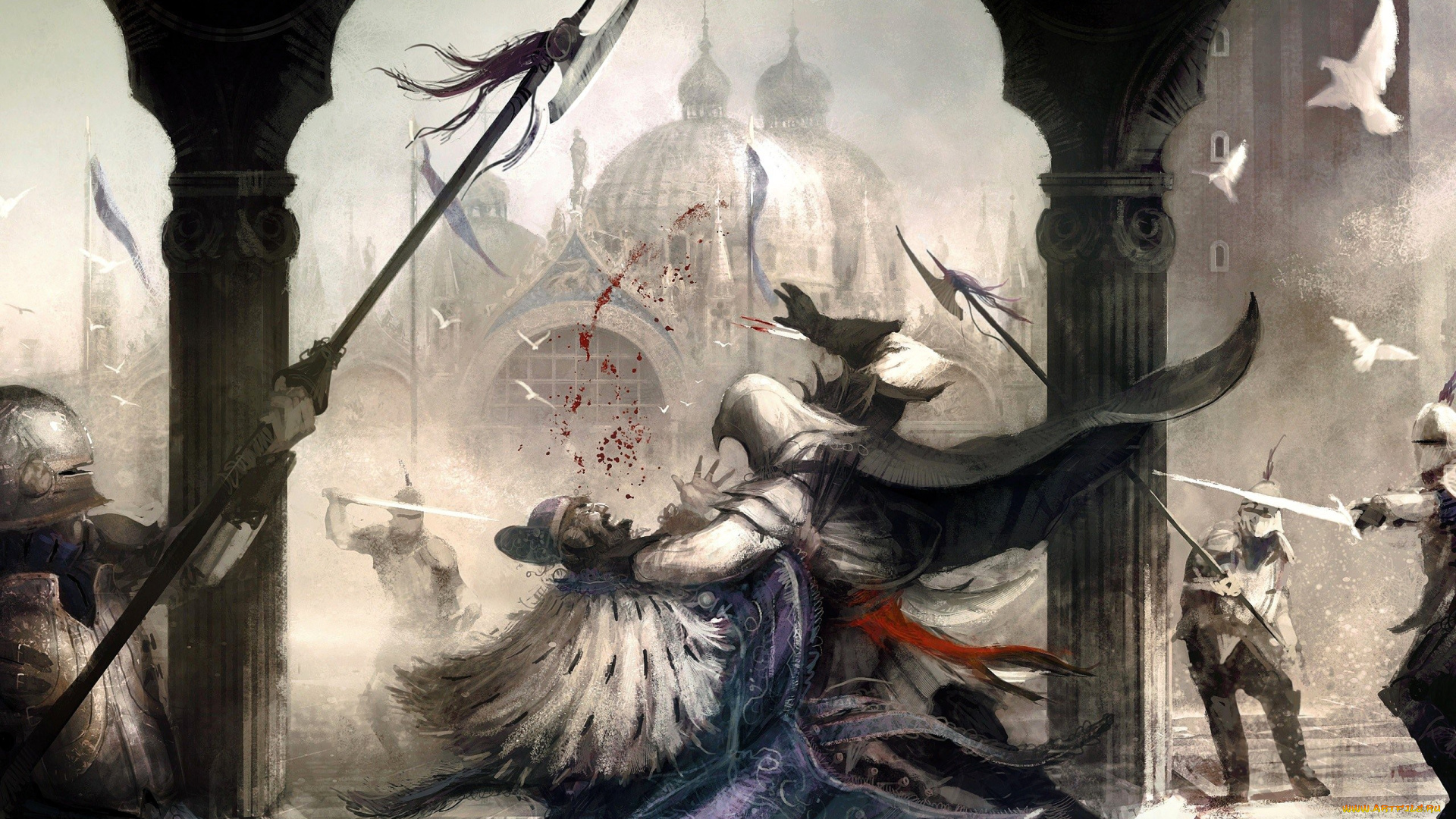 видео, игры, assassin`s, creed, ii, ассасин, эцио, жертва, рыцари, оружие, колонны, собор