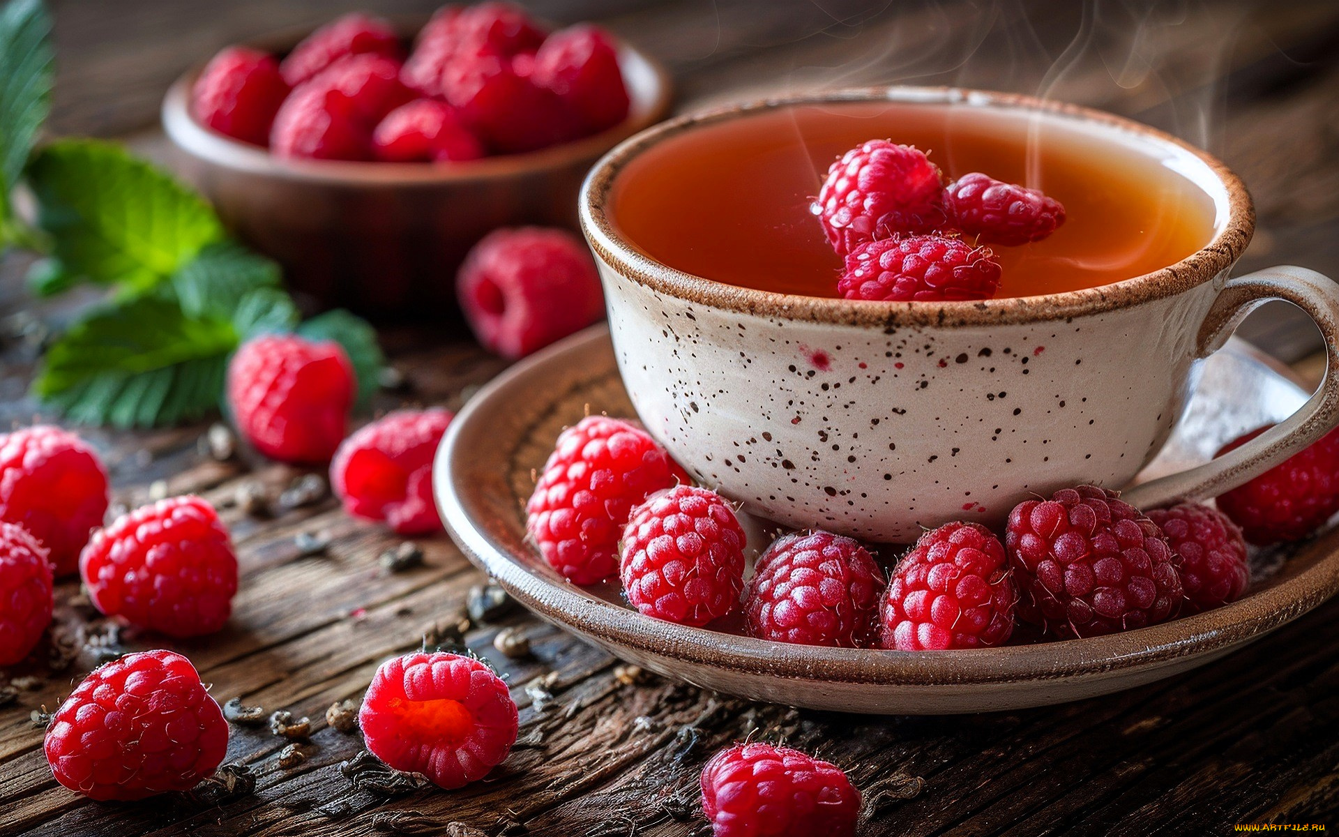 3д, графика, еда-, food, малина, ягоды, блюдца, чашка, листья, чай