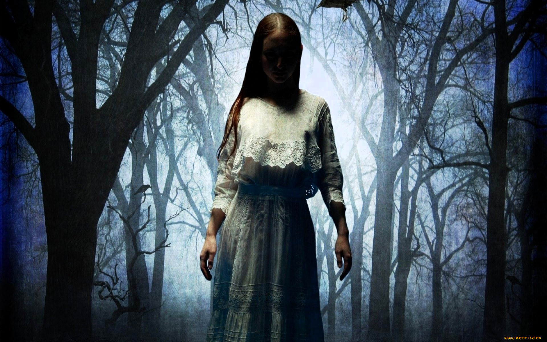 фэнтези, фотоарт, девушка, платье, лес, туман