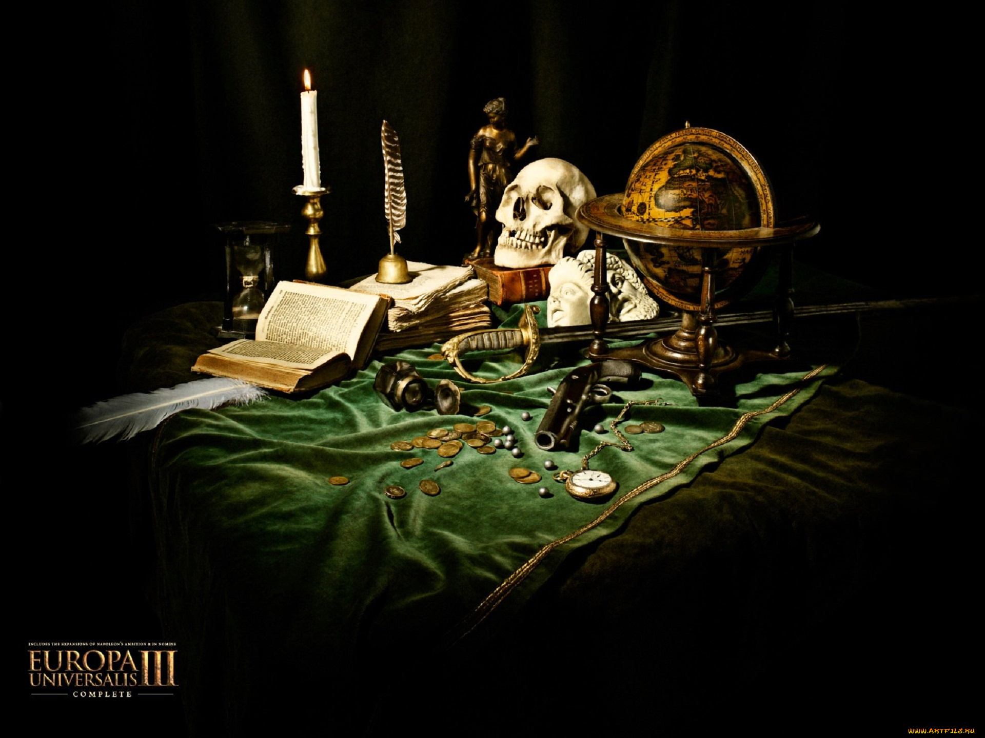 видео, игры, europa, universalis, iii, , complete, скатерть, перья, глобус, книги, череп, свечи, сабля, монеты