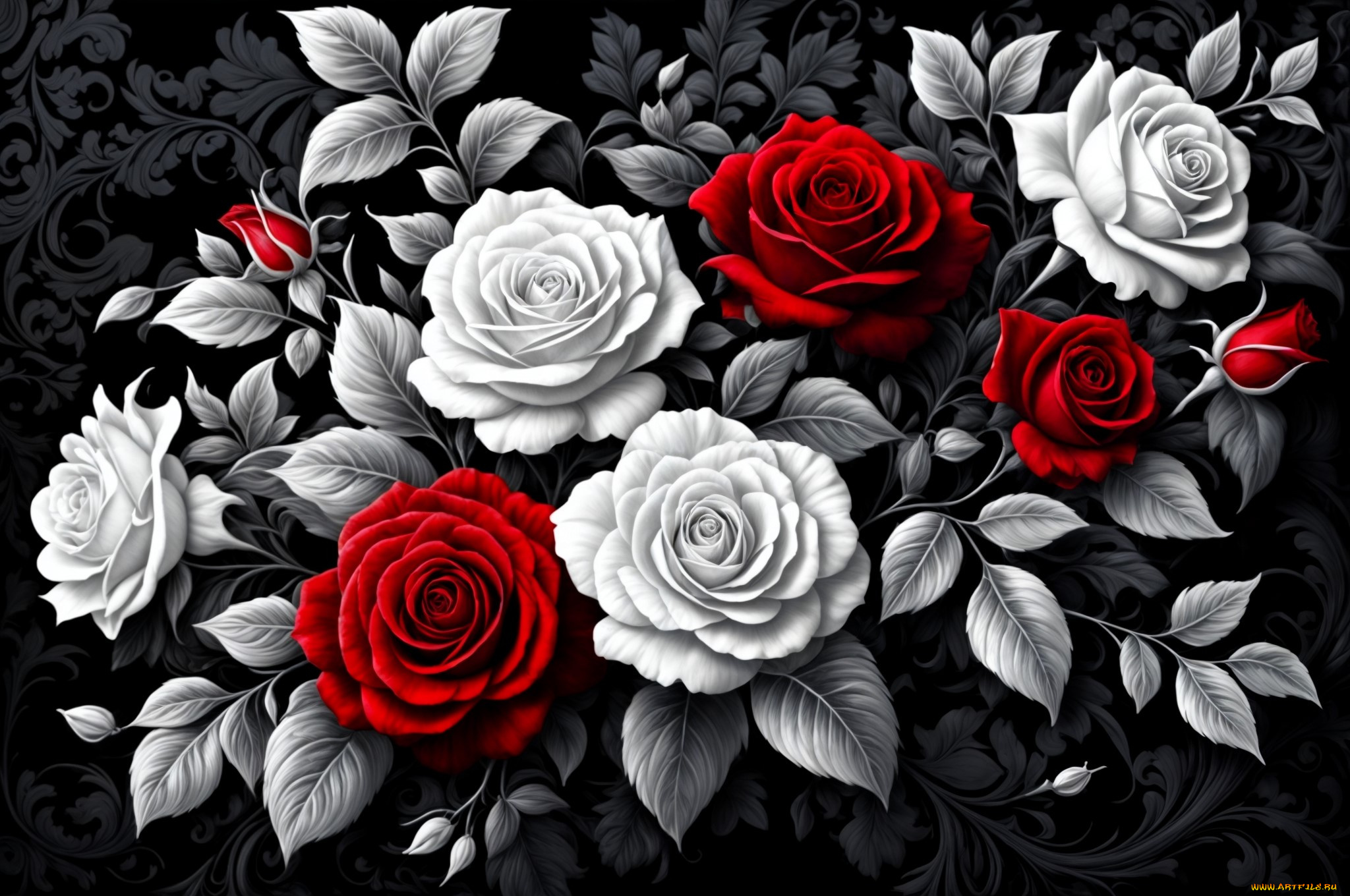 рисованное, цветы, розы, бутоны, листья