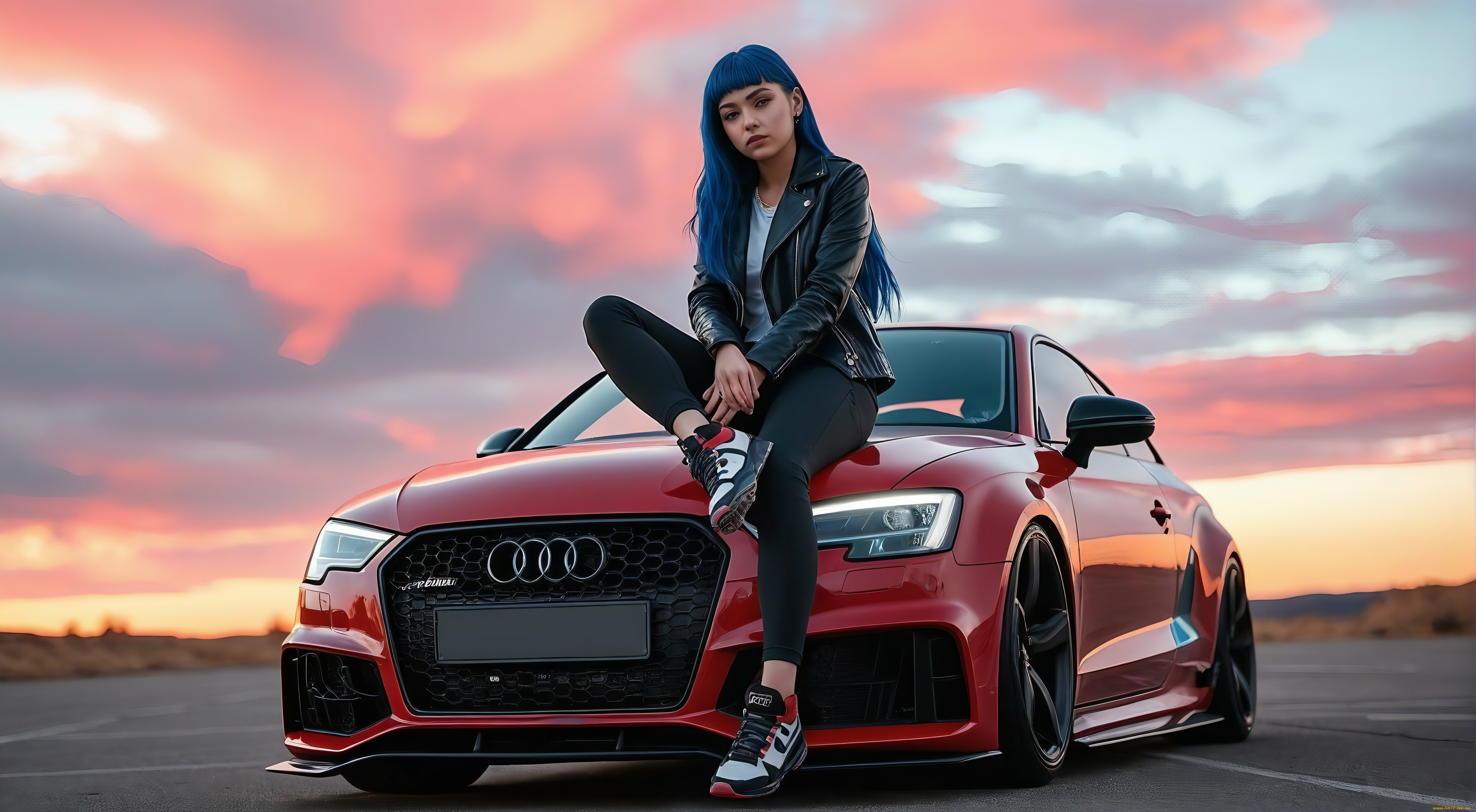 red, audi, and, girl, разное, компьютерный, дизайн, audi, girl, ai, art, generated, clouds, road