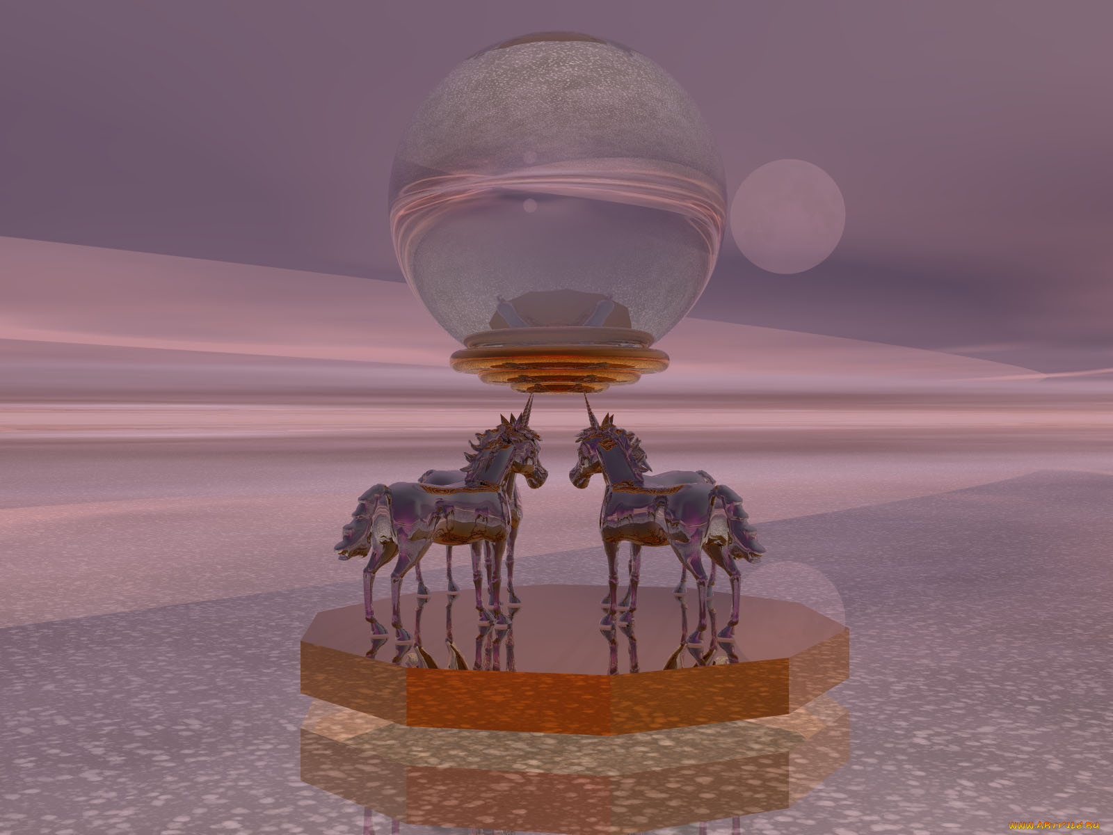 3д, графика, animals, животные, единороги, луна, шар