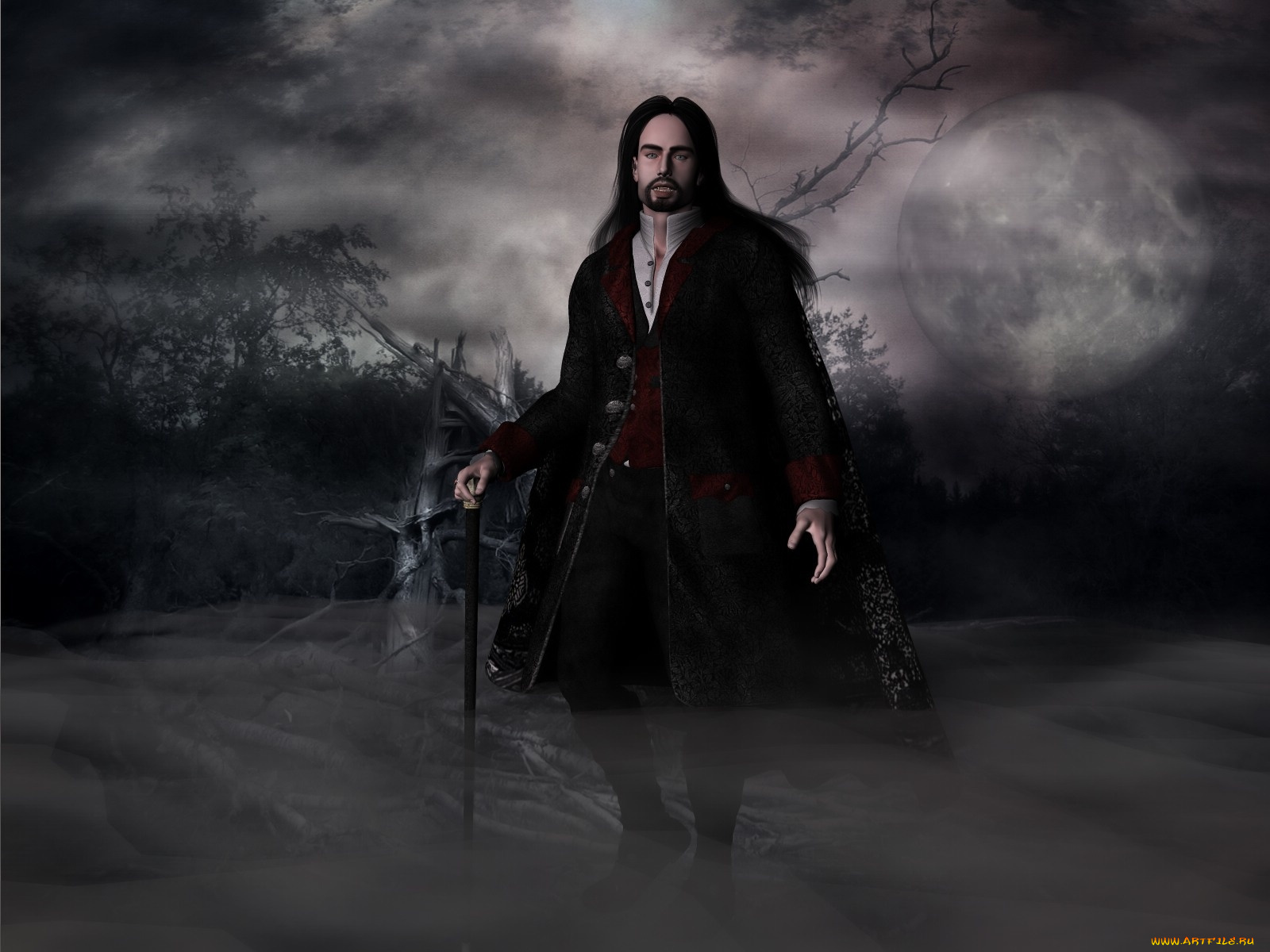 3д, графика, people, люди, ночь, луна, трость