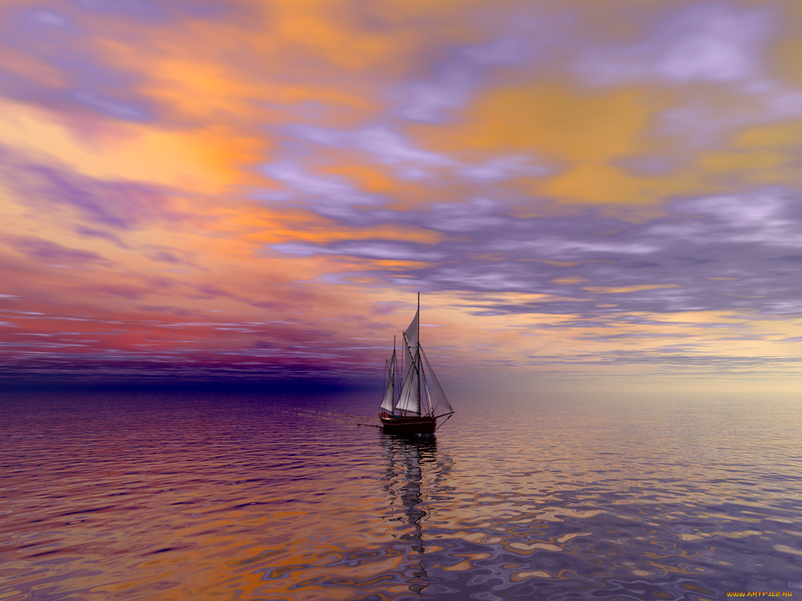 3д, графика, sea, undersea, море, парусник, облака