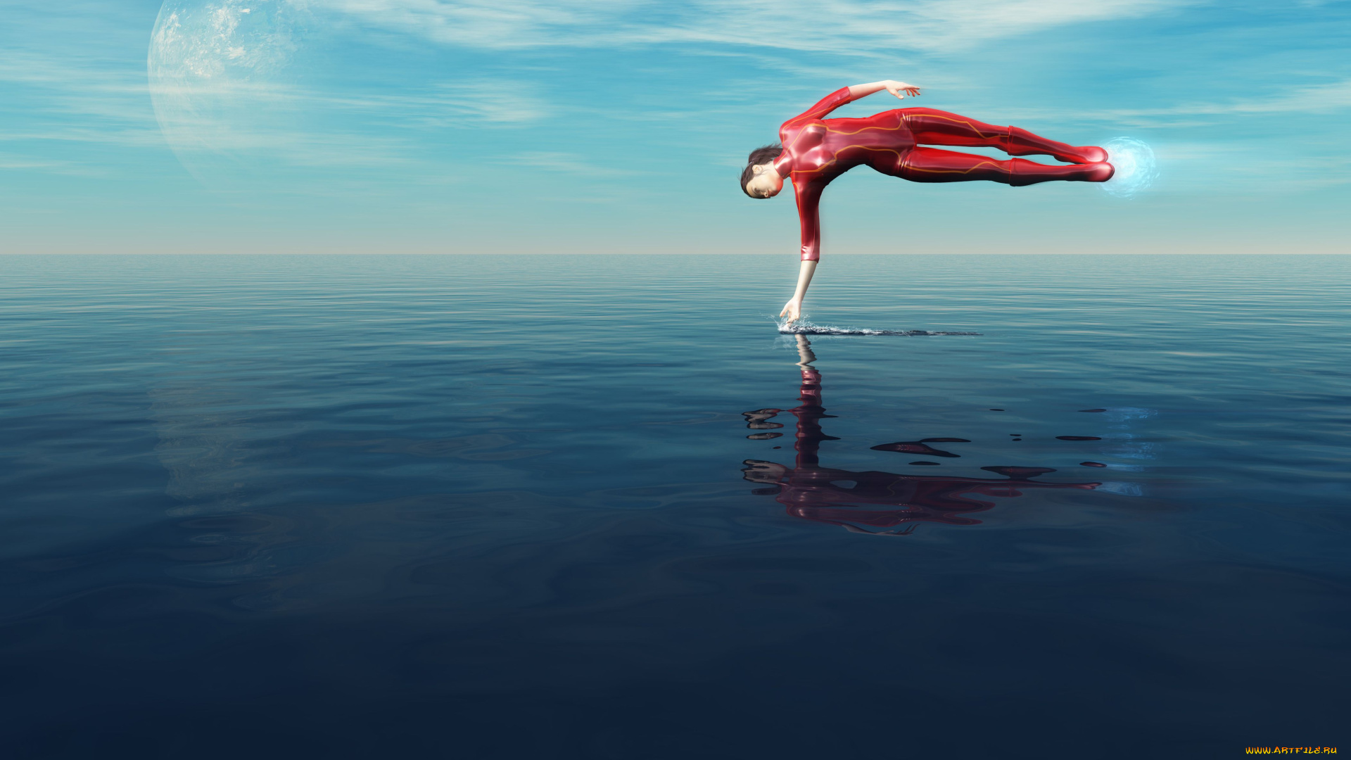 3д, графика, fantasy, фантазия, вода, девушка, полёт, земля