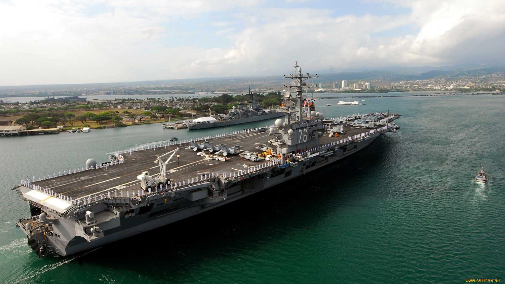 корабли, авианосцы, вертолётоносцы, большой, река, самолеты, город