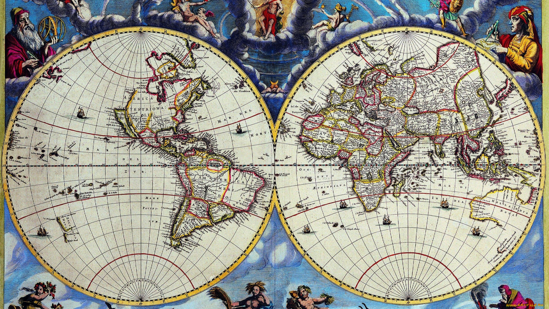 старинная, карта, мира, разное, глобусы, карты, полушария