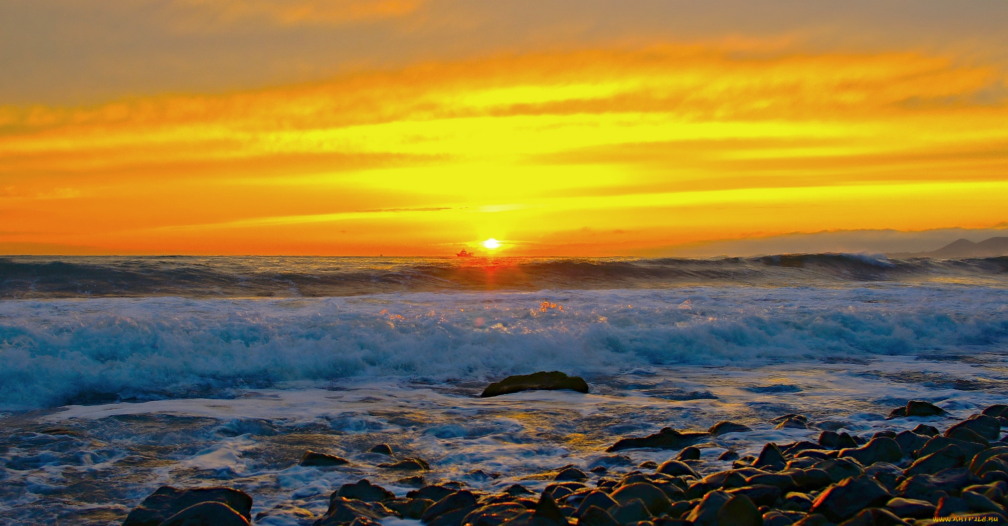 природа, восходы, закаты, прибой, волна, солнце, судно, рассвет, корабль