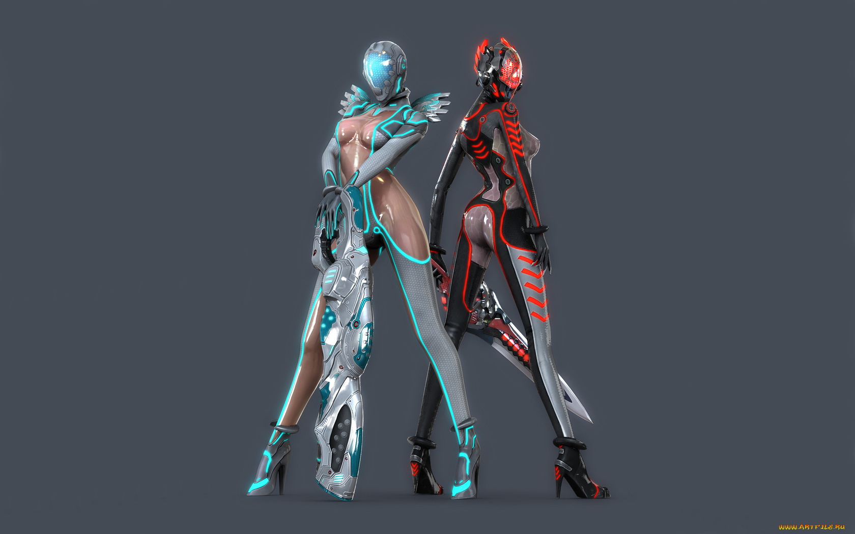 3д, графика, creatures, существа, серый, фон, минимализм, оружие, костюмы, девушки