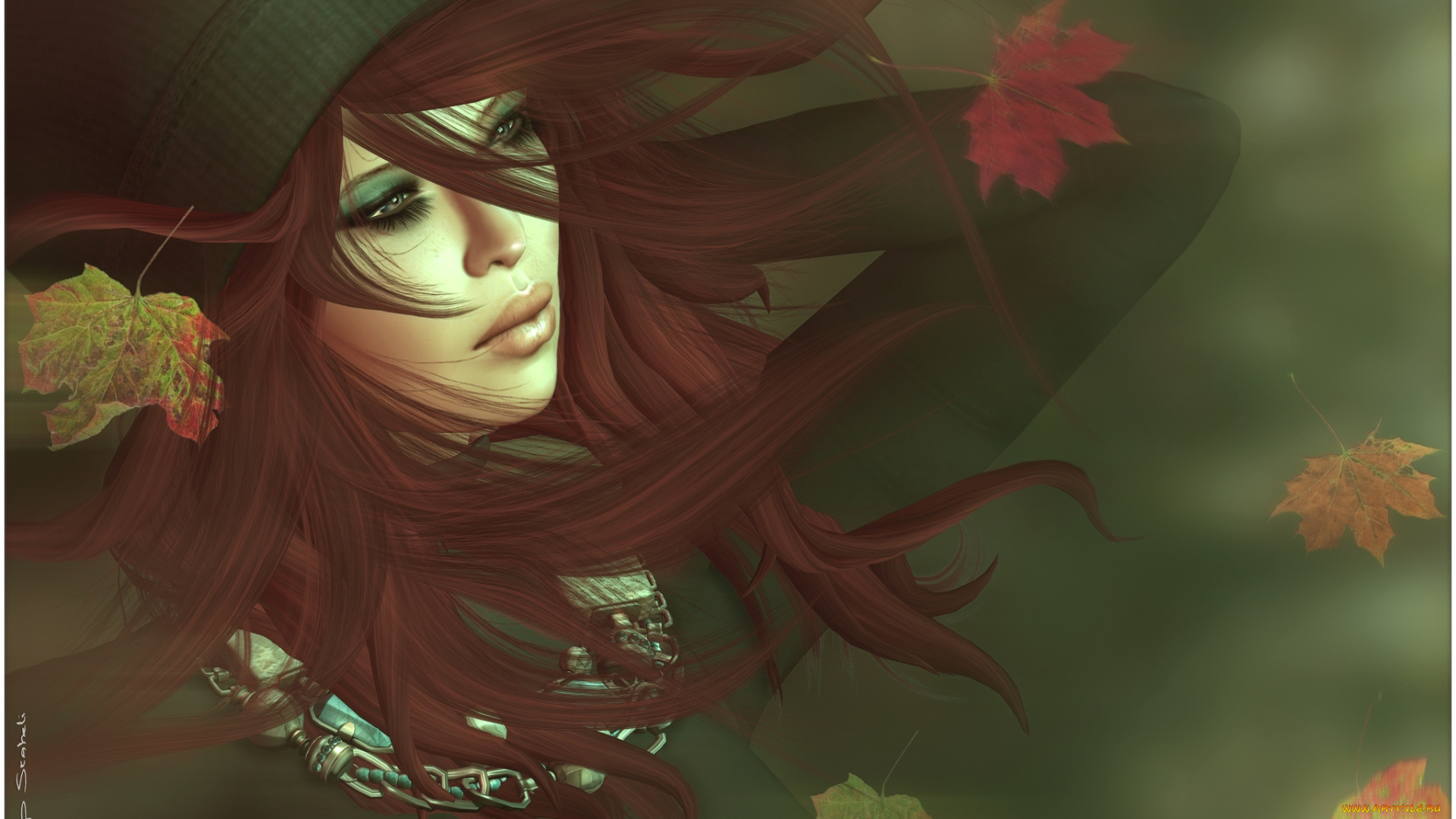 3д, графика, people, люди, девушка, волосы, осень, листья, шапка