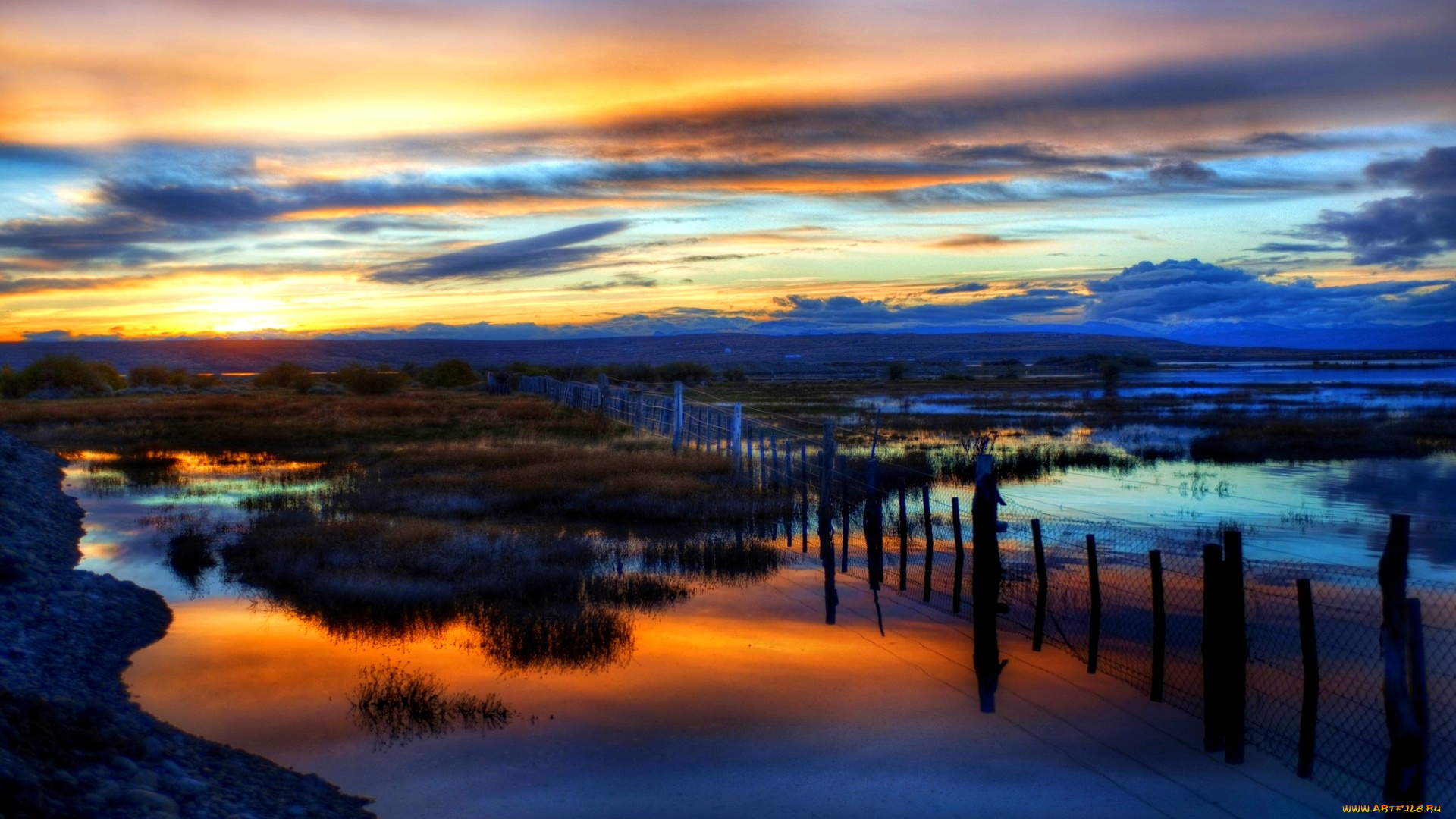 природа, реки, озера, вечер, поле, вода, тучи, краски