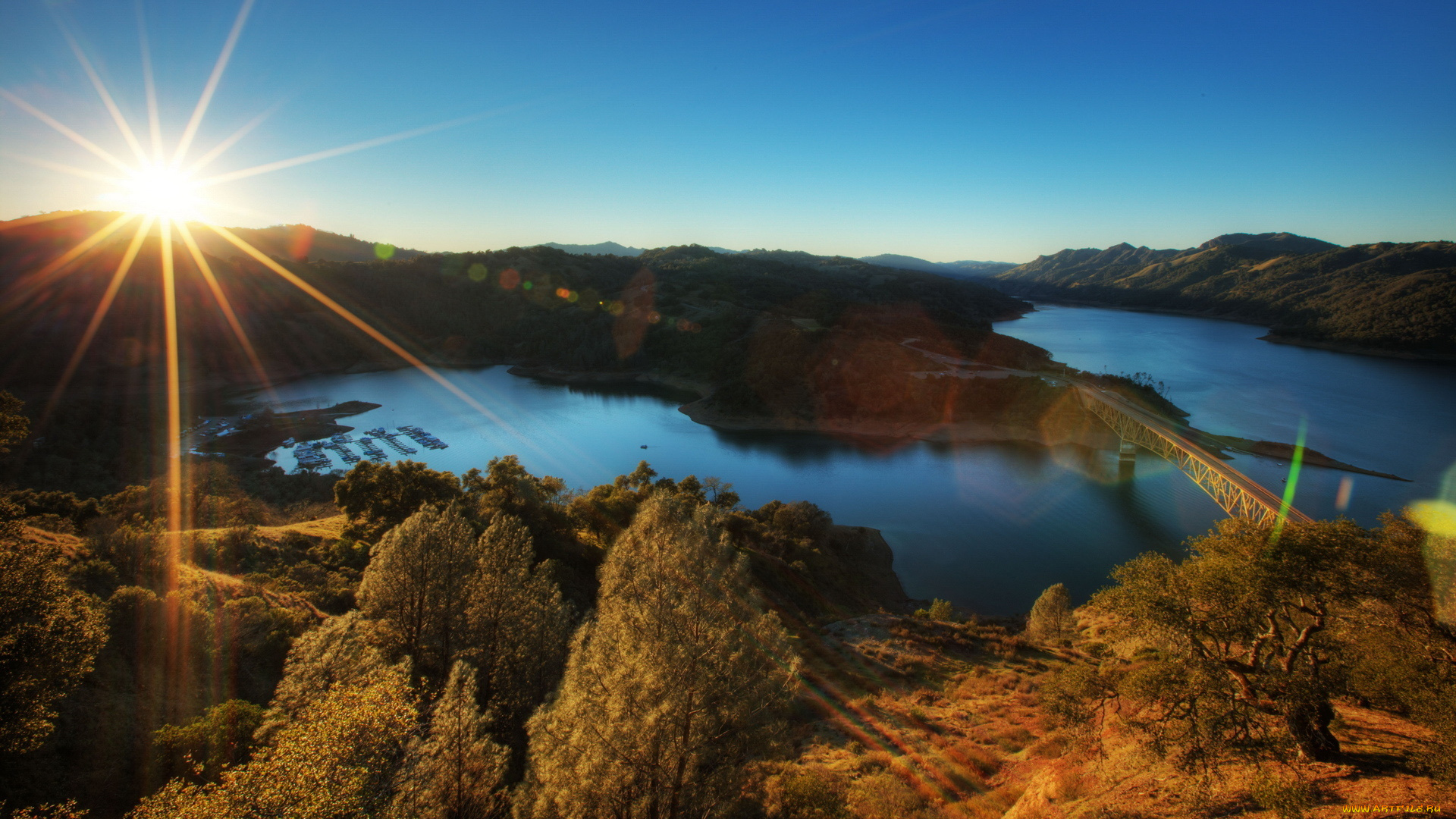 природа, восходы, закаты, лучи, блики, панорама, лес, солнце, залив, холмы