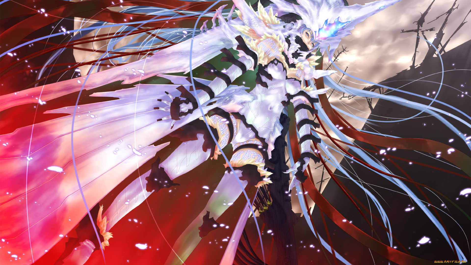 by, pandaraion, аниме, weapon, blood, technology, девушка, костюм, демон, руны, небо, оружие, шлем, лед, волосы