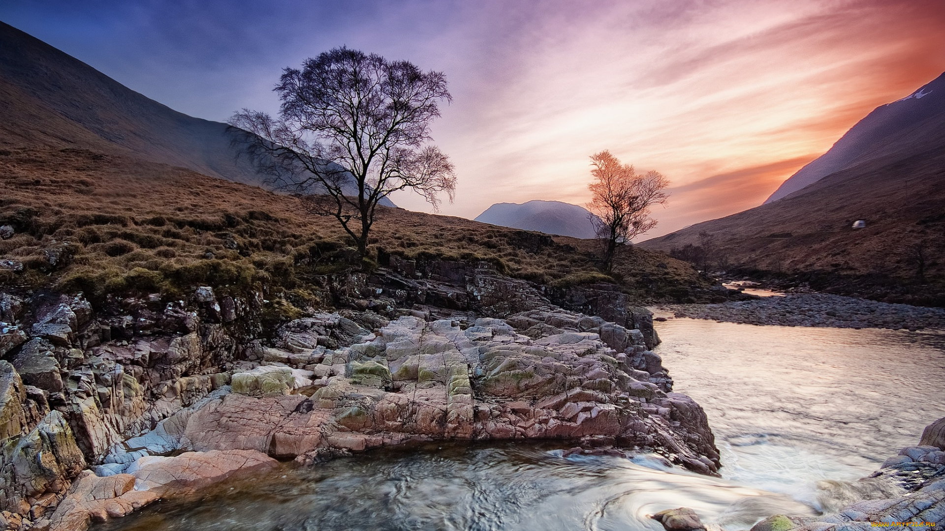 природа, реки, озера, деревья, зарево, камни, тучи, река, горы