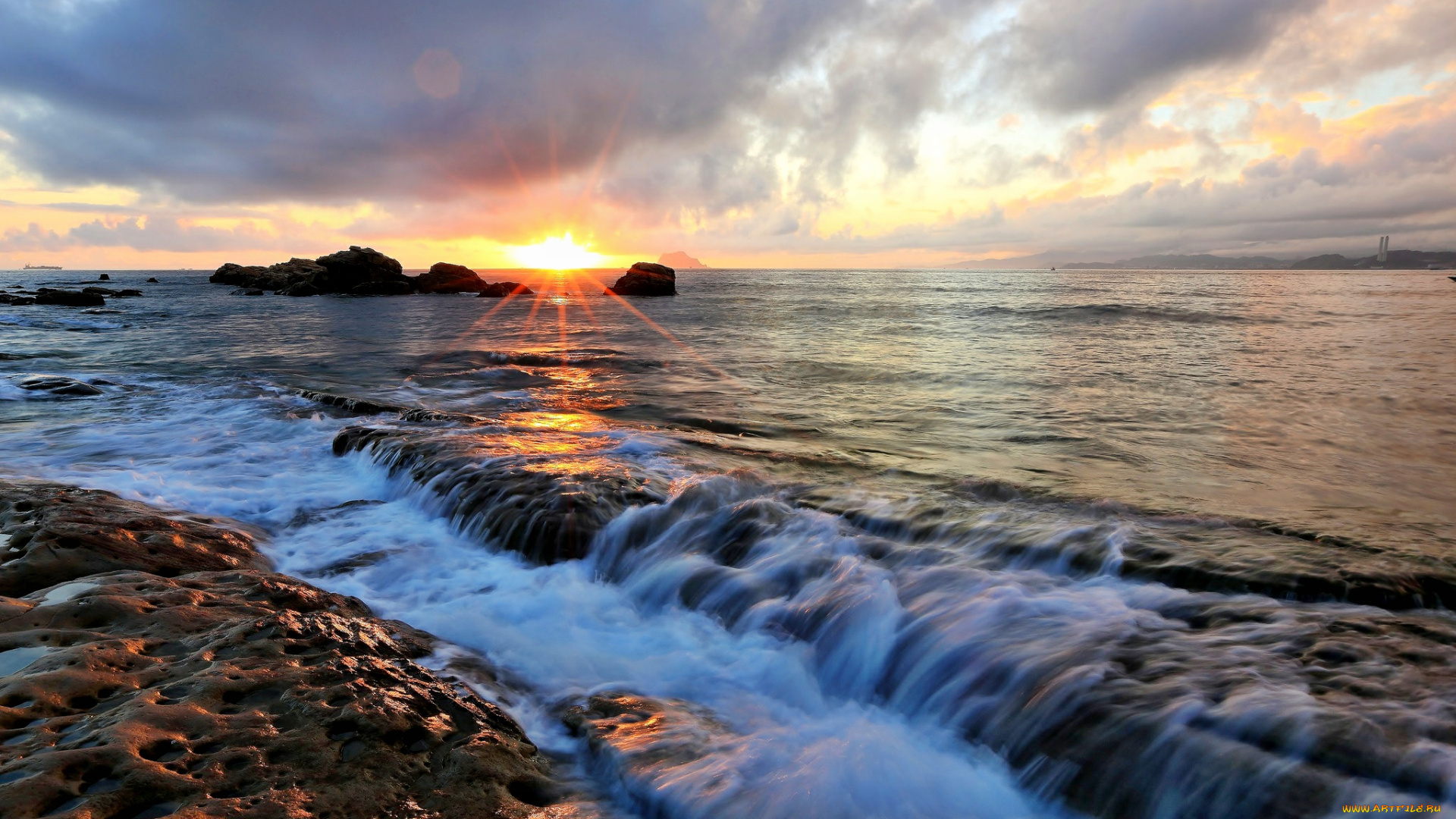 природа, восходы, закаты, океан, волны, скалы, горизонт, солнце, закат