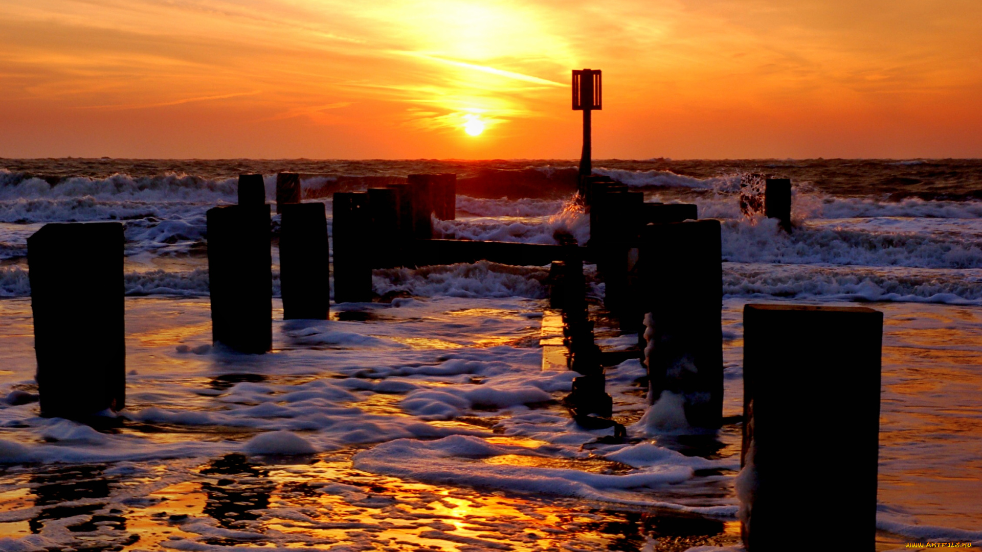 природа, восходы, закаты, тучи, солнце, волны, сваи, океан, берег