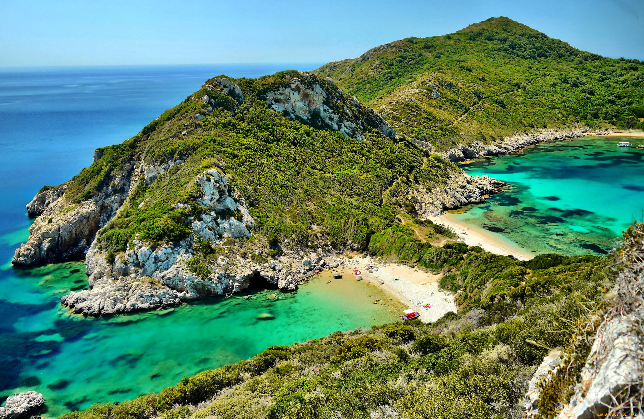 природа, побережье, растительность, скалистый, берег, бухта, море